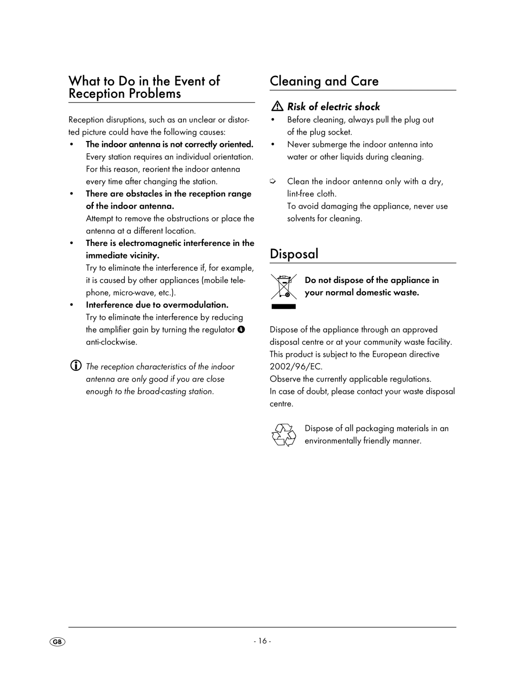 Kompernass KH 2329 manual What to Do in the Event of Reception Problems, Cleaning and Care, Disposal 