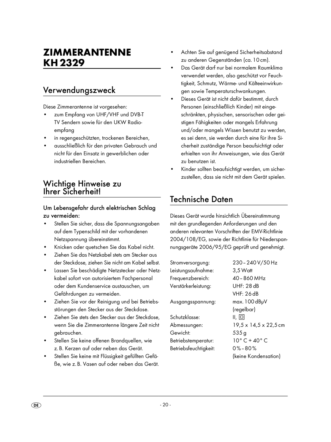 Kompernass KH 2329 manual Zimmerantenne, Verwendungszweck, Wichtige Hinweise zu Ihrer Sicherheit, Technische Daten 