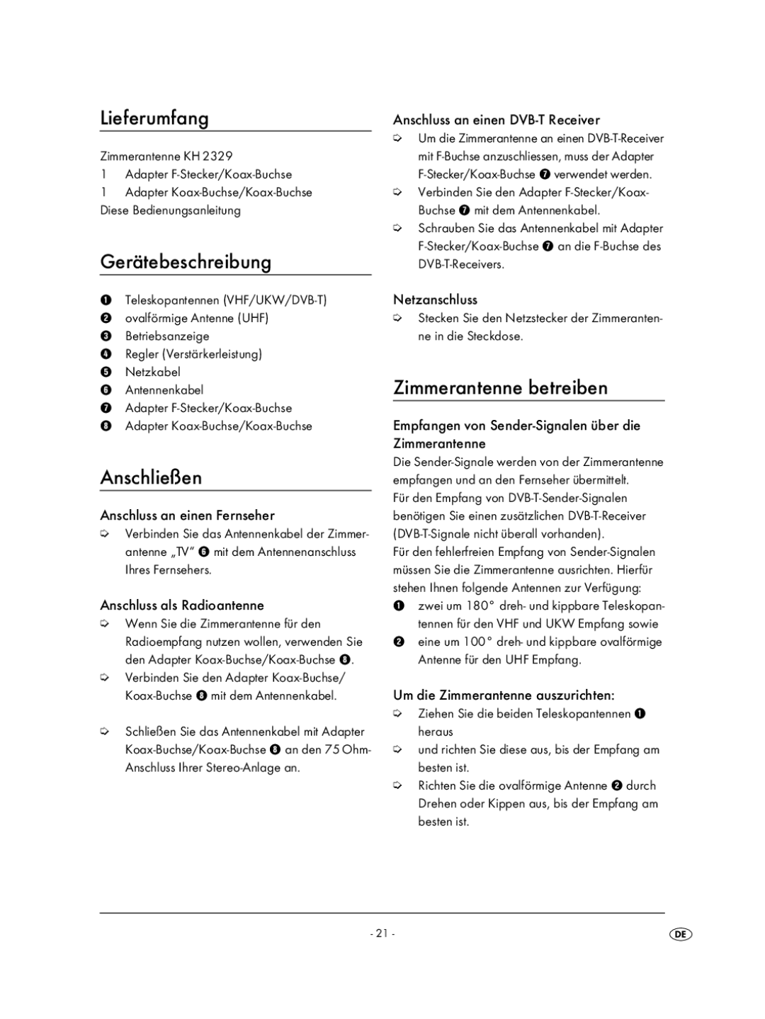 Kompernass KH 2329 manual Lieferumfang, Gerätebeschreibung, Anschließen, Zimmerantenne betreiben 