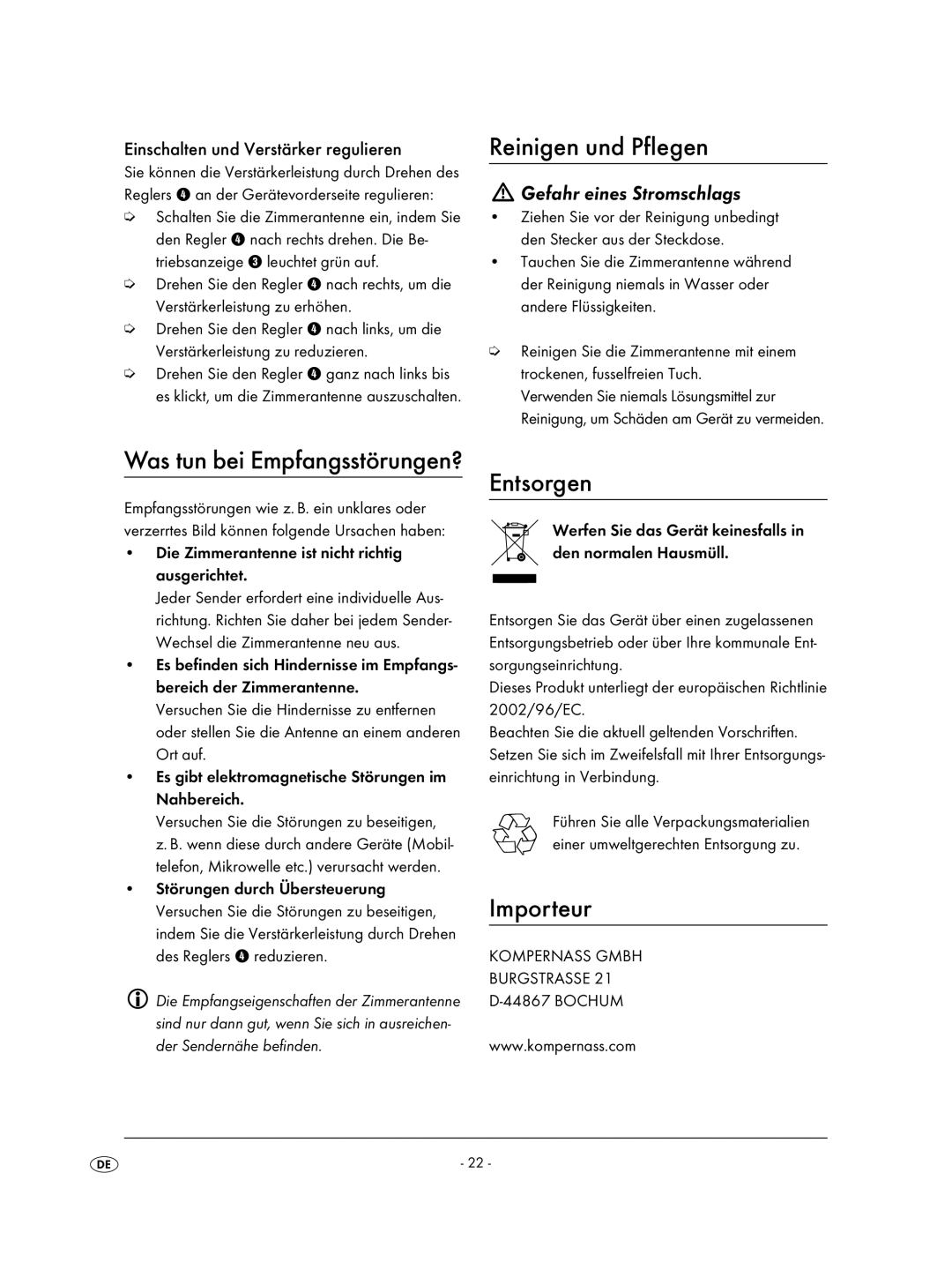 Kompernass KH 2329 manual Reinigen und Pflegen, Entsorgen, Importeur, Einschalten und Verstärker regulieren 