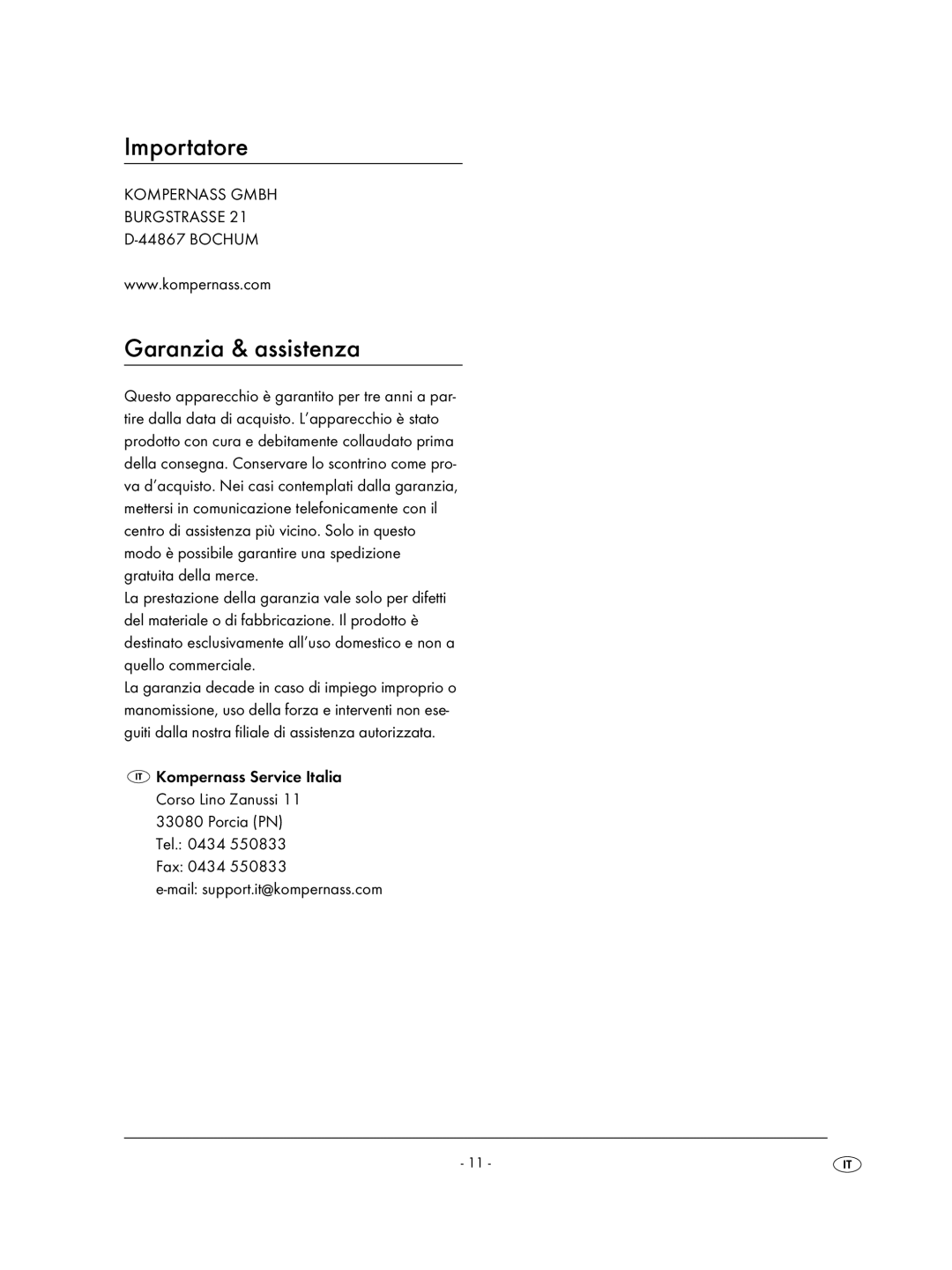 Kompernass KH 2329 manual Importatore, Garanzia & assistenza 