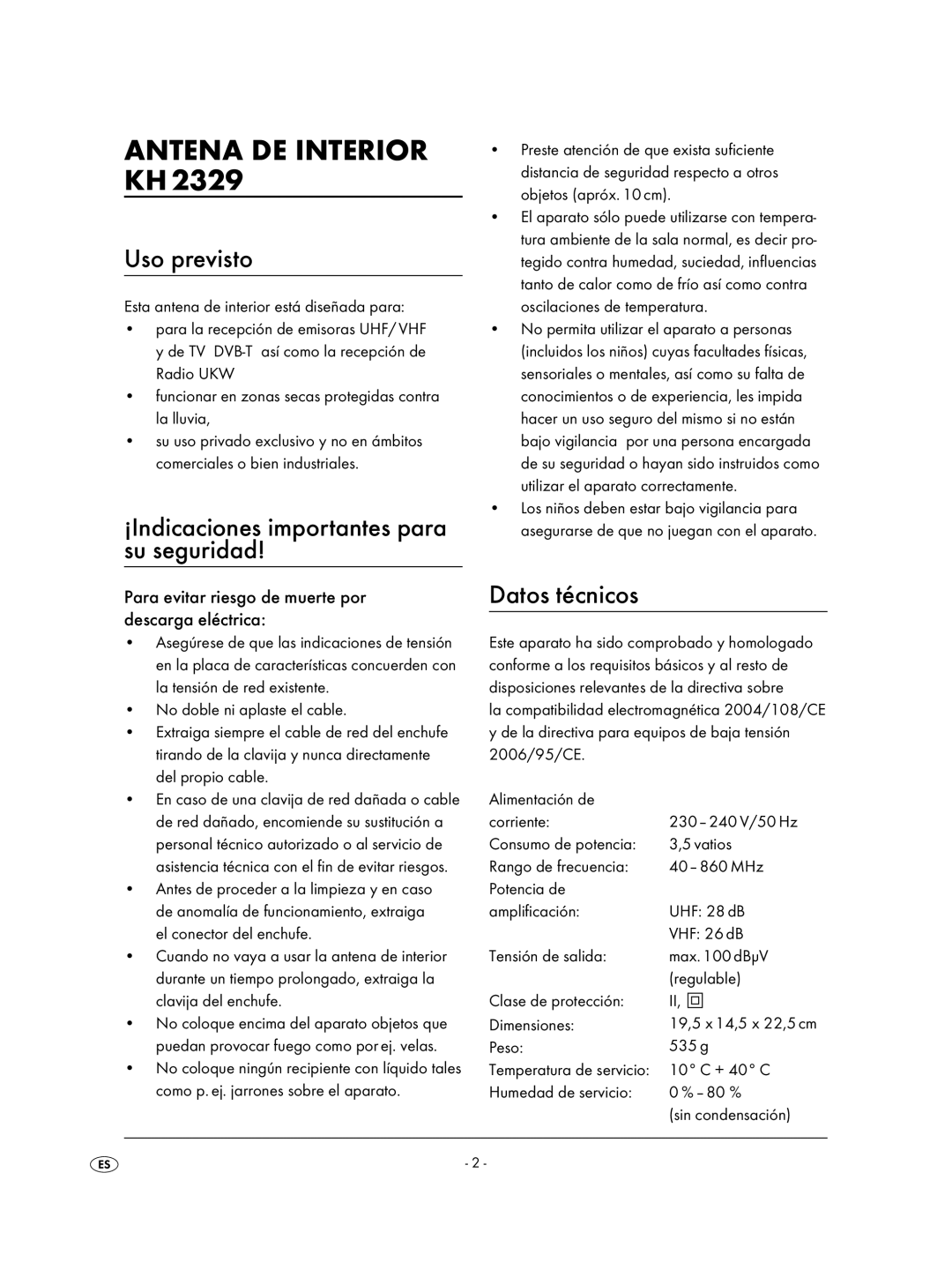 Kompernass KH 2329 manual Antena De Interior Kh, Uso previsto, ¡Indicaciones importantes para su seguridad, Datos técnicos 