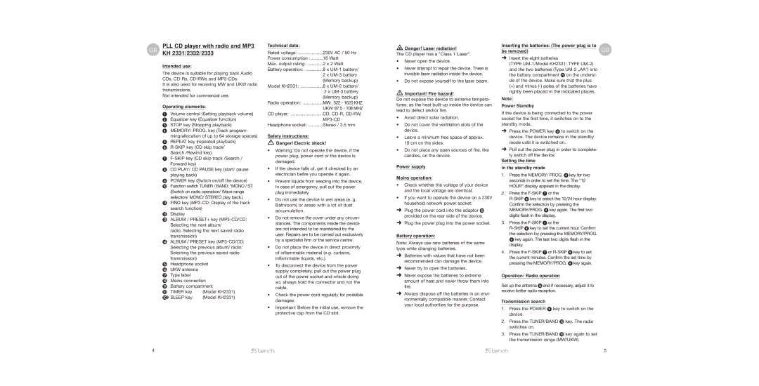 Kompernass KH 2331, KH 2333 Intended use, Operating elements, Technical data, Safety instructions, Important! Fire hazard 