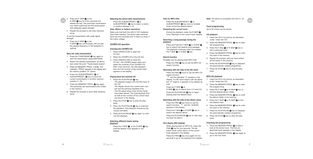 Kompernass KH 2332 Save the radio transmission, Selecting the saved radio transmissions, Playing back the inserted CD 