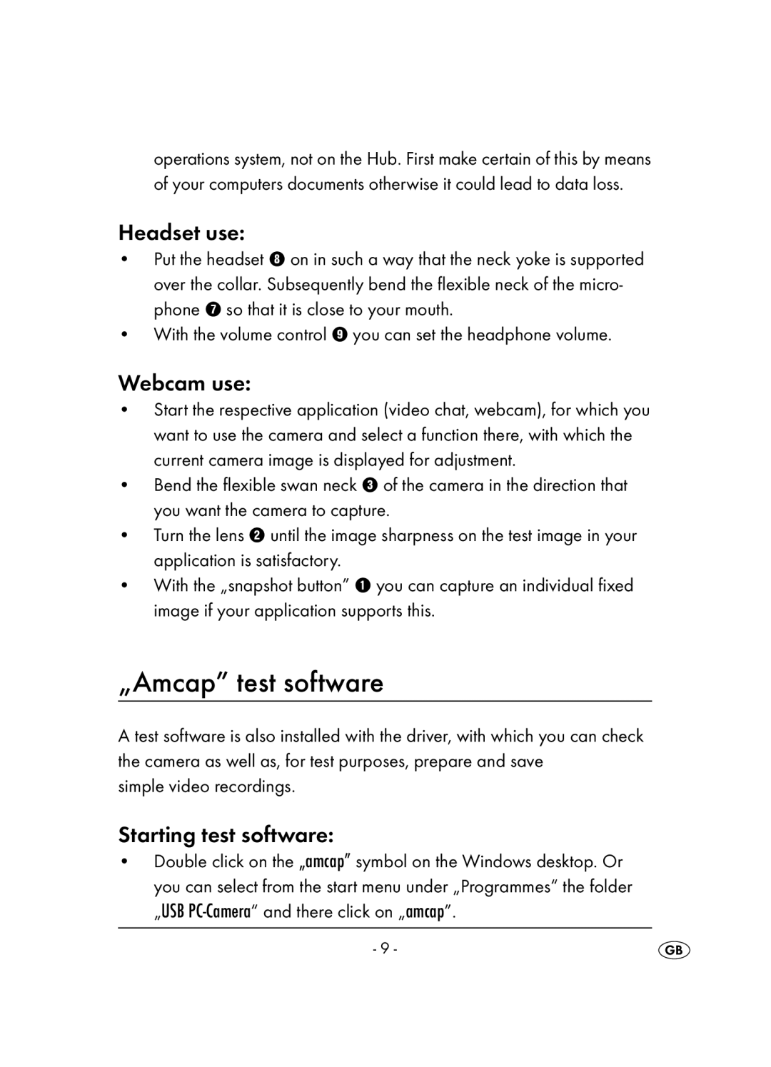 Kompernass KH 2346 operating instructions „Amcap test software, Headset use, Webcam use, Starting test software 