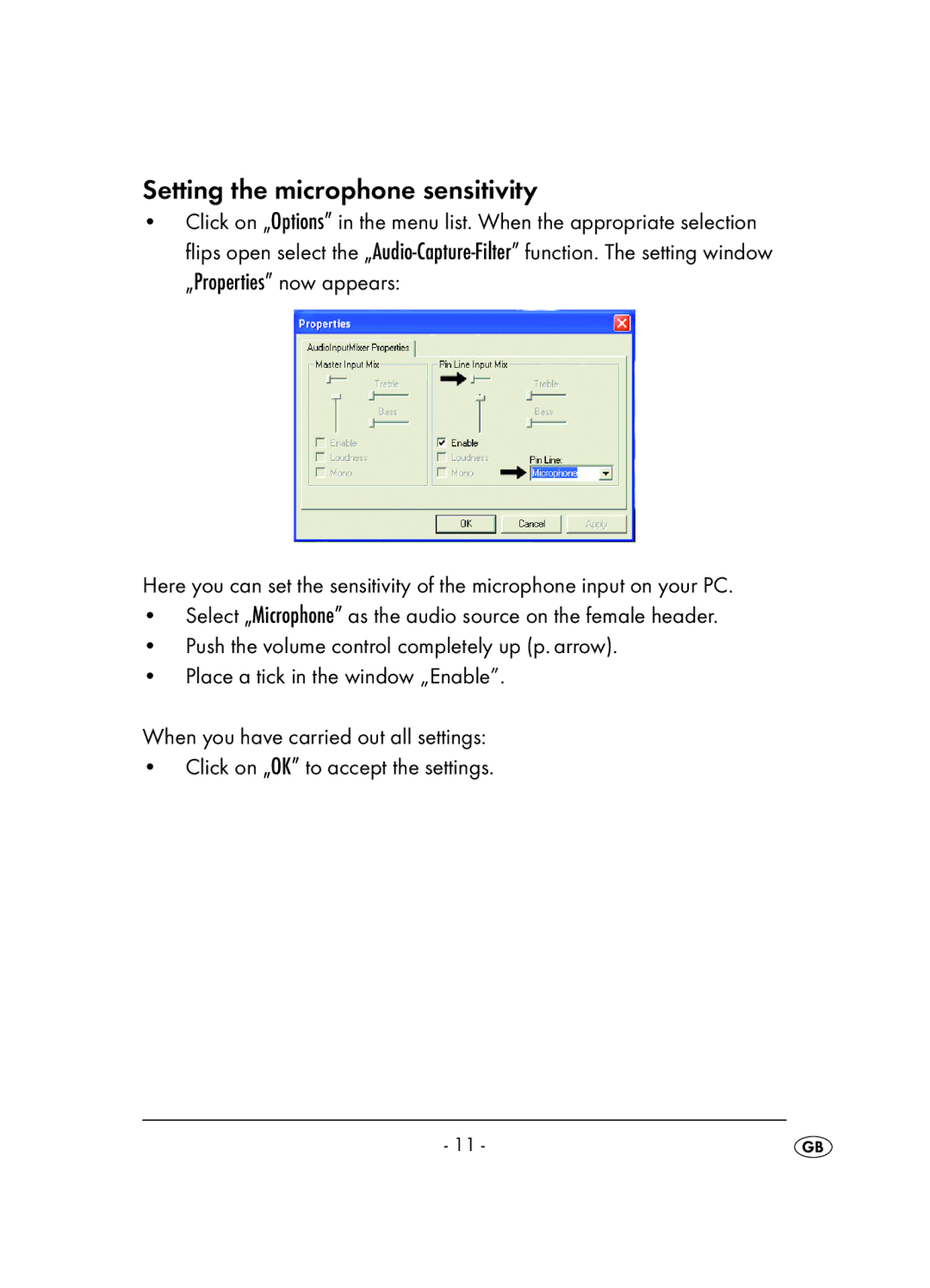 Kompernass KH 2346 operating instructions Setting the microphone sensitivity, „Properties now appears 