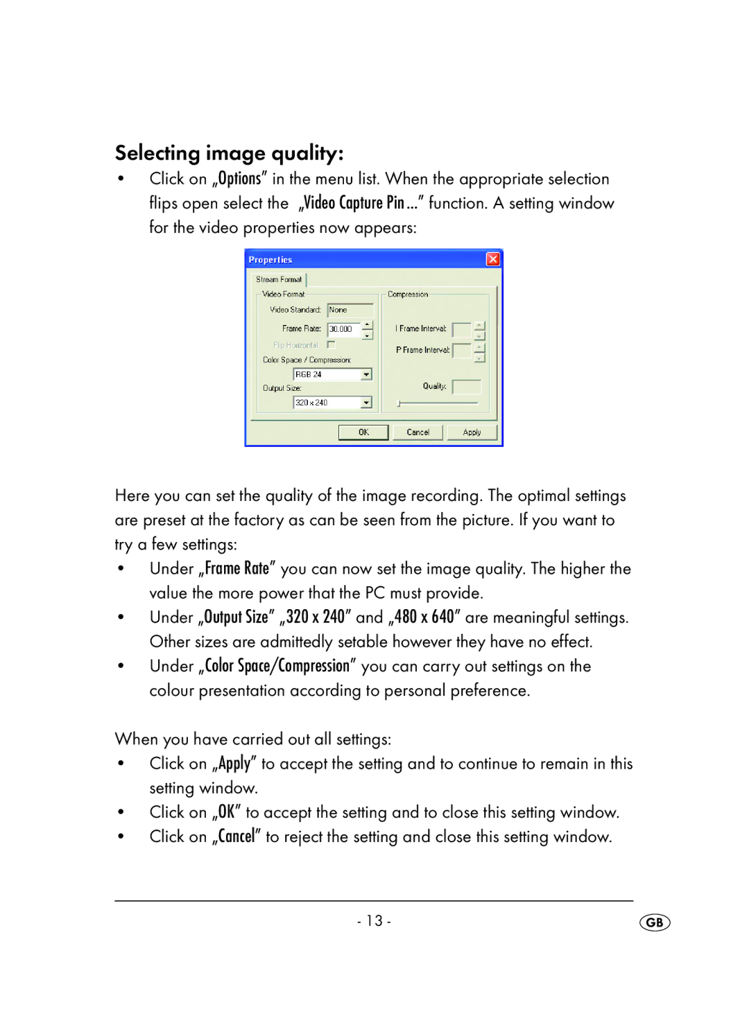 Kompernass KH 2346 operating instructions Selecting image quality 