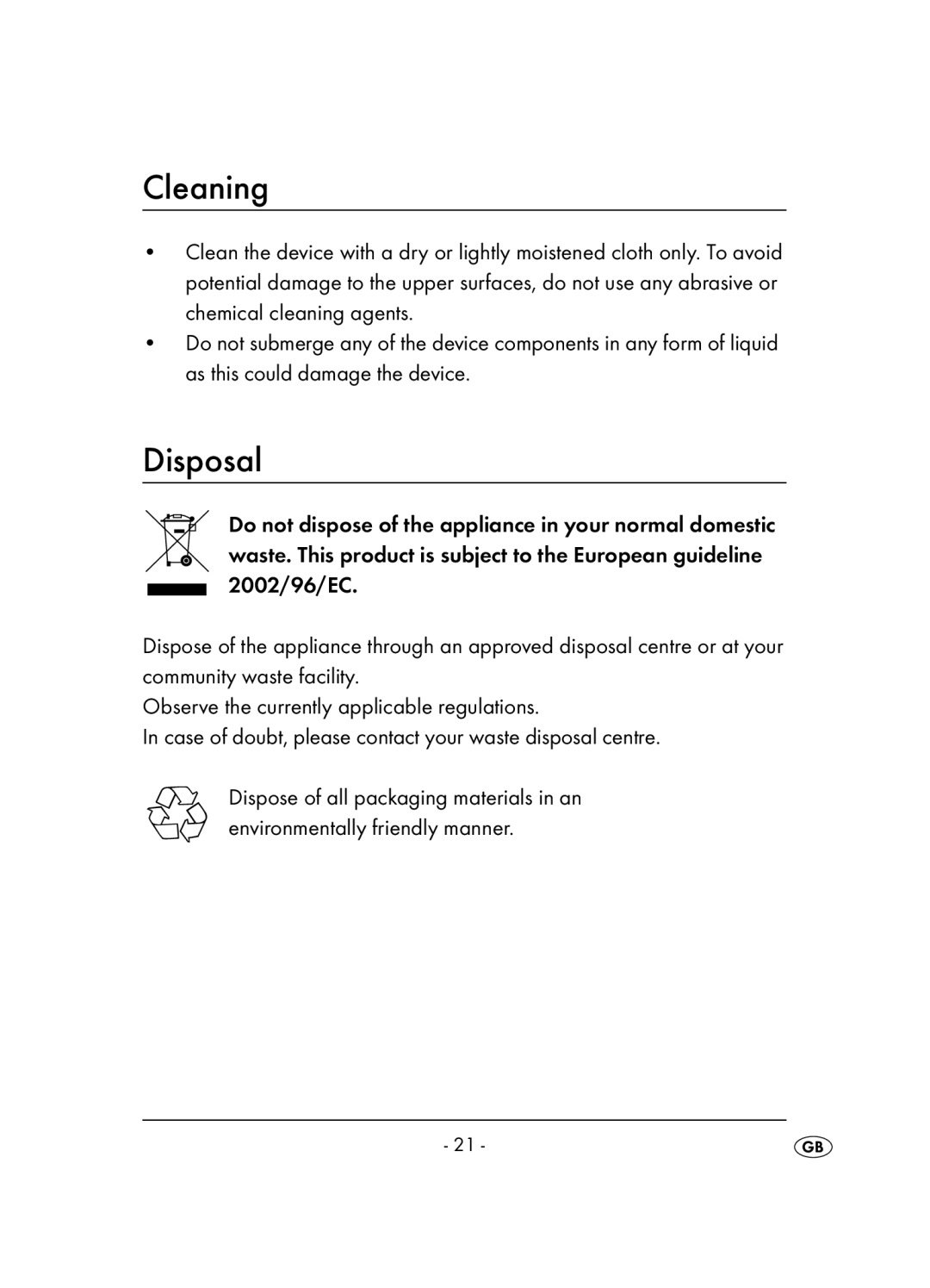 Kompernass KH 2346 operating instructions Cleaning, Disposal 