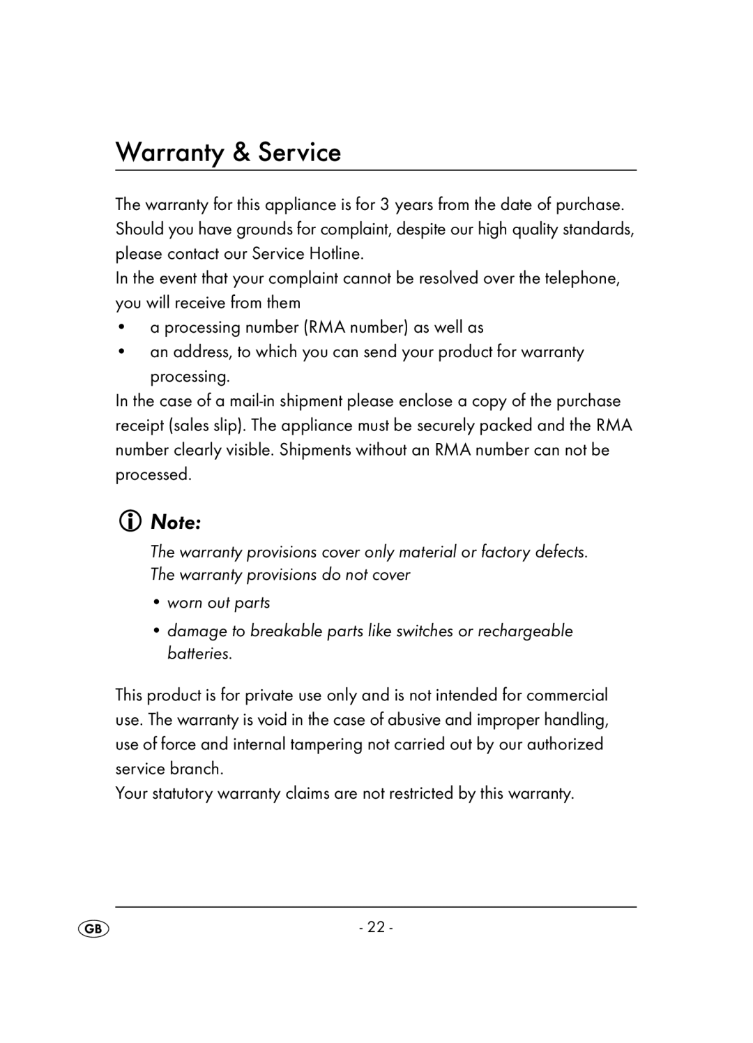 Kompernass KH 2346 operating instructions Warranty & Service 