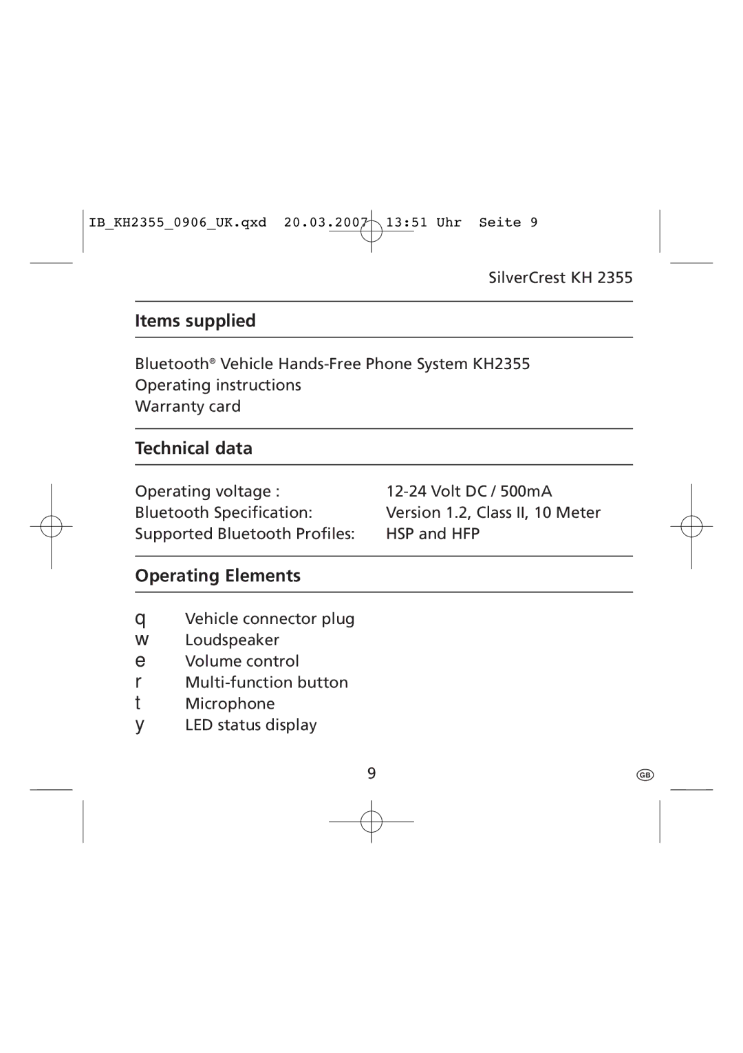 Kompernass KH 2355 manual Operating voltage Volt DC / 500mA Bluetooth Specification 