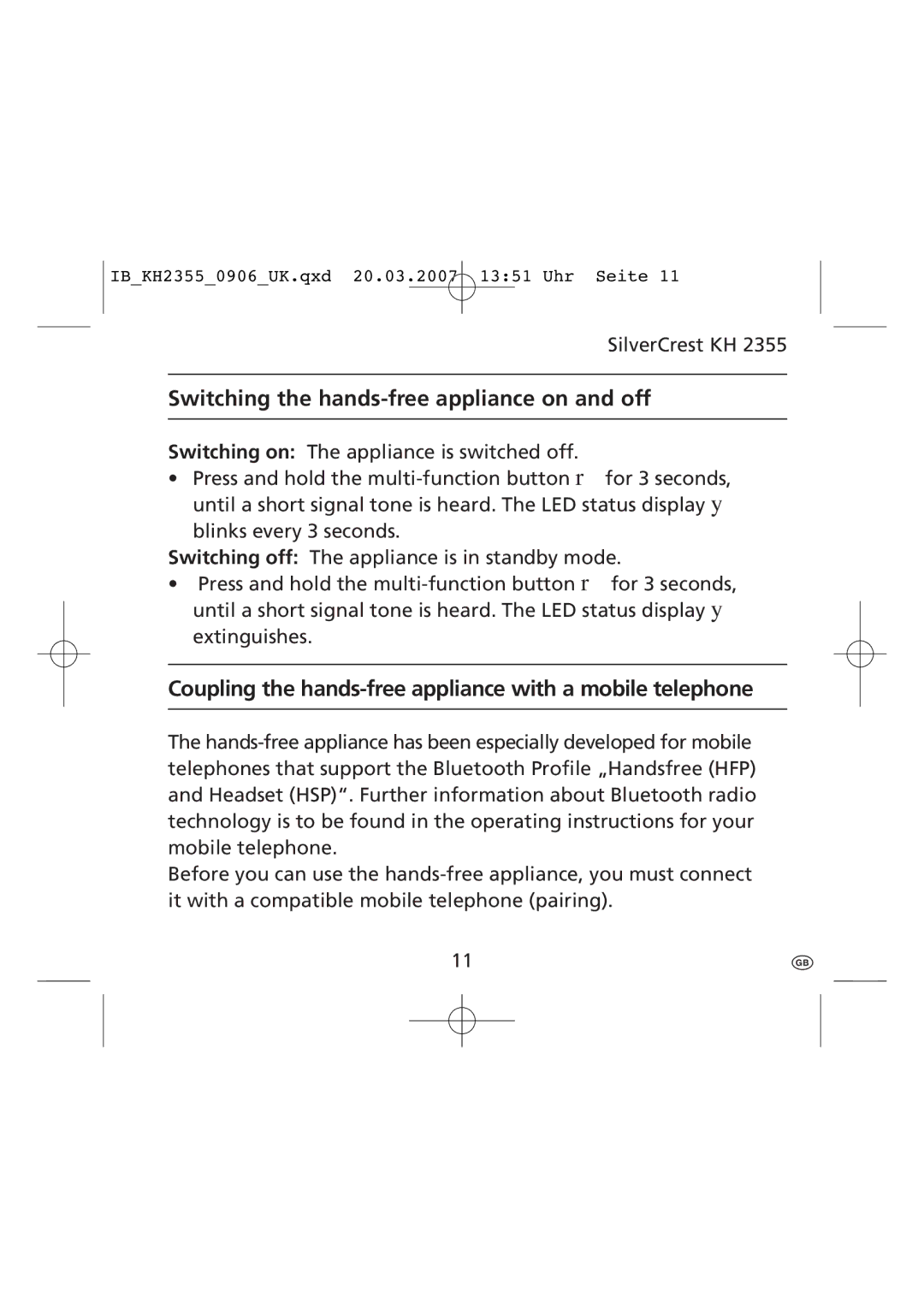 Kompernass KH 2355 manual Coupling the hands-free appliance with a mobile telephone 