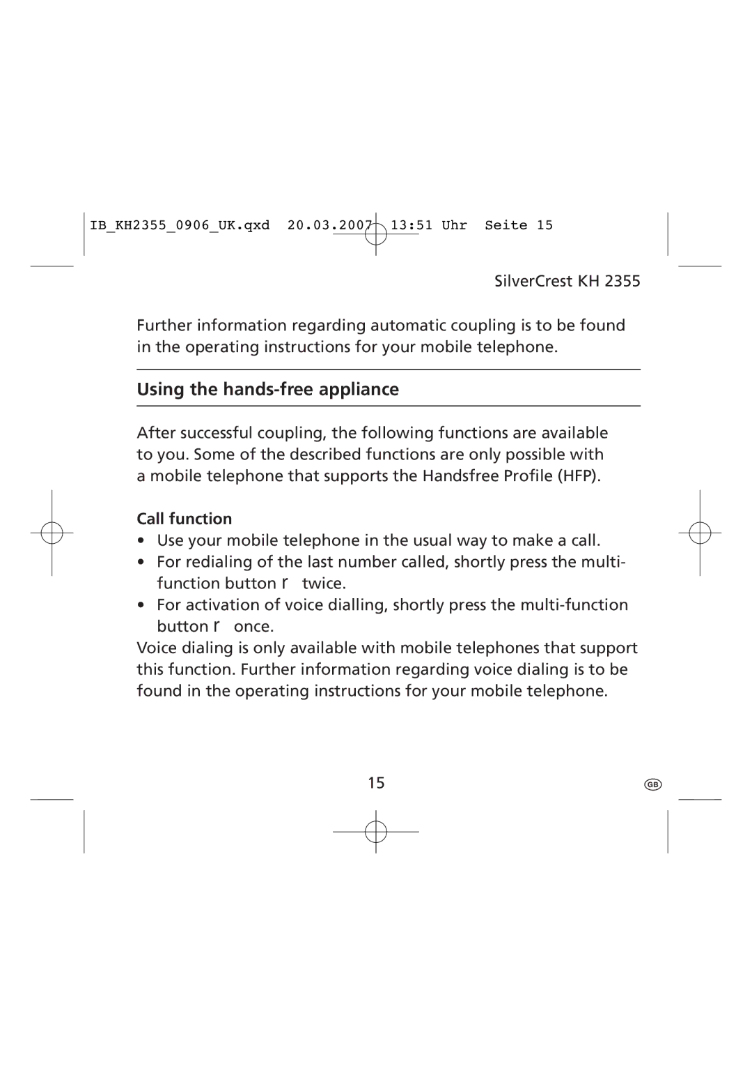 Kompernass KH 2355 manual Call function 