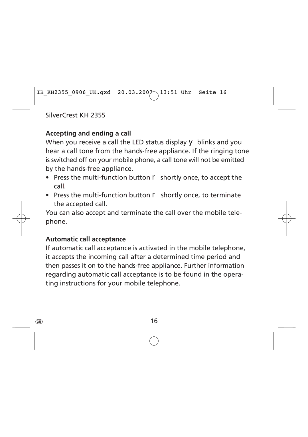 Kompernass KH 2355 manual Accepting and ending a call, Automatic call acceptance 