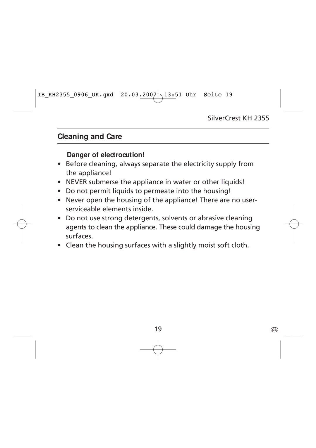 Kompernass KH 2355 manual Cleaning and Care 