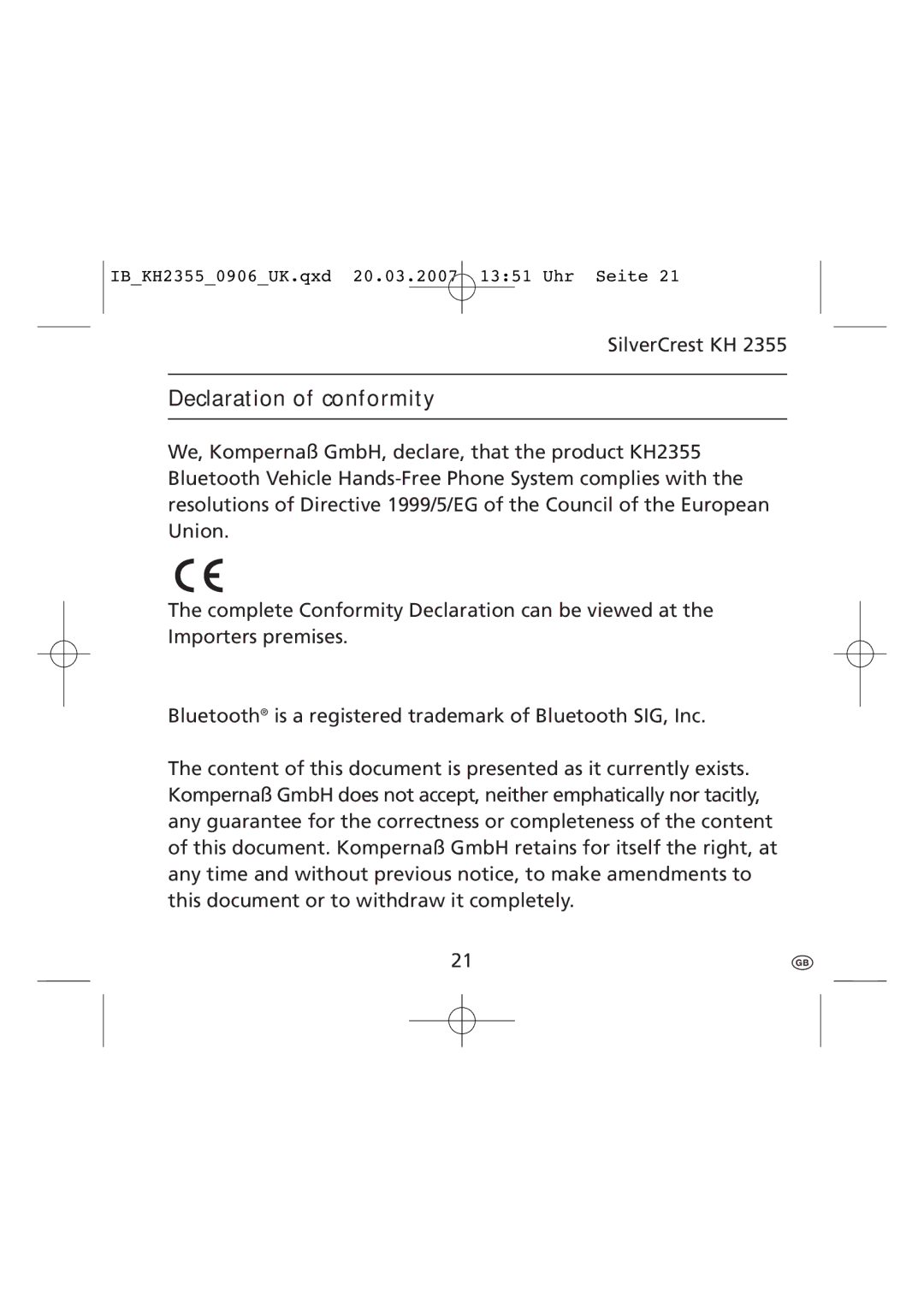 Kompernass KH 2355 manual Declaration of conformity 