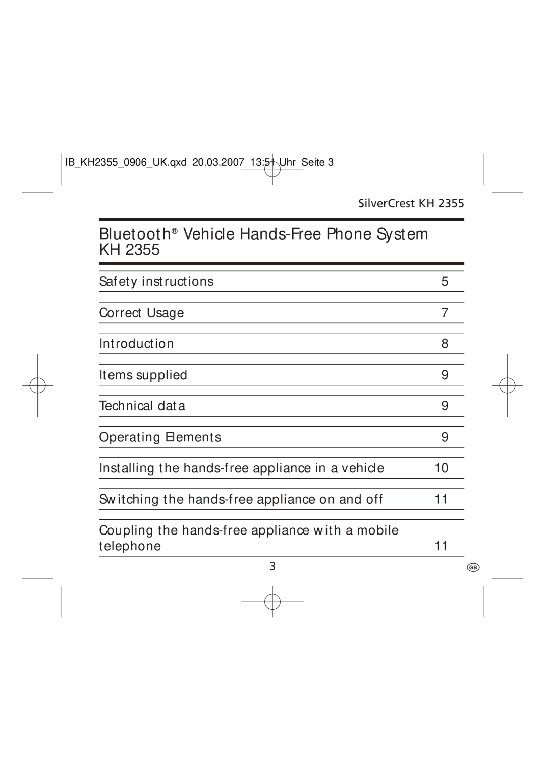 Kompernass KH 2355 manual Bluetooth Vehicle Hands-Free Phone System KH 