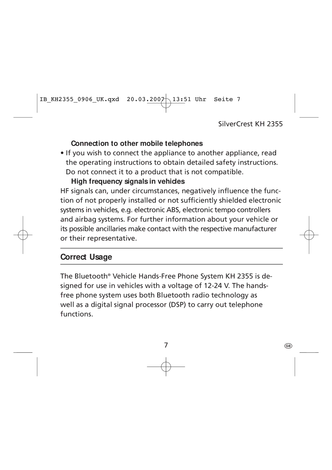 Kompernass KH 2355 manual Connection to other mobile telephones, High frequency signals in vehicles 