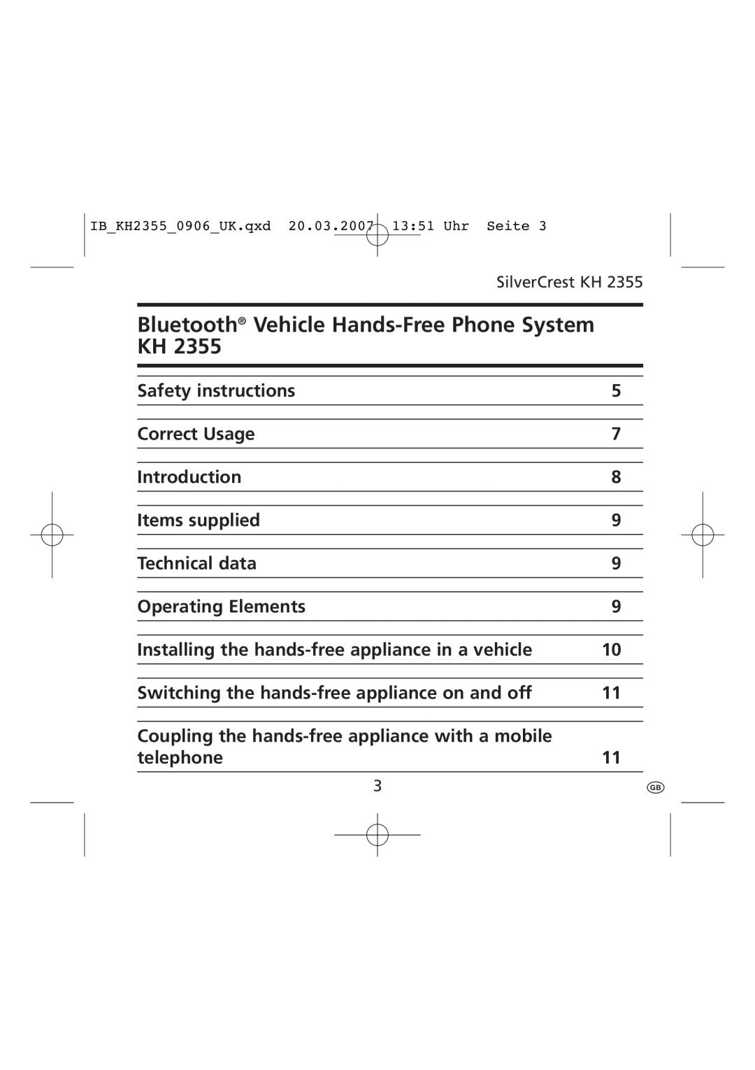 Kompernass KH 2355 manual Bluetooth Vehicle Hands-FreePhone System KH 