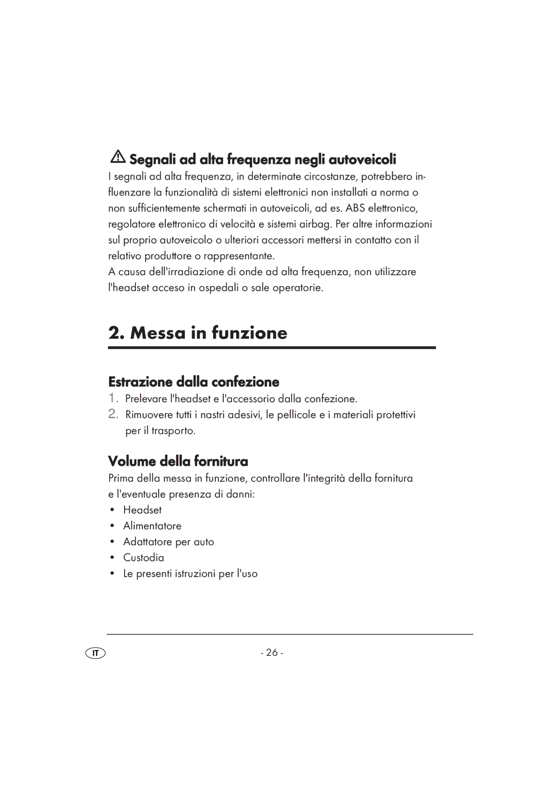 Kompernass KH 2356 manual Messa in funzione, Segnali ad alta frequenza negli autoveicoli, Estrazione dalla confezione 