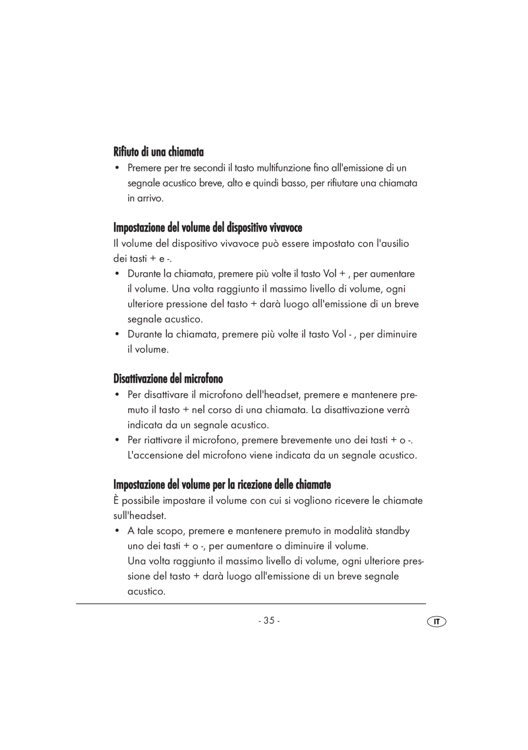 Kompernass KH 2356 Rifiuto di una chiamata, Impostazione del volume del dispositivo vivavoce, Disattivazione del microfono 