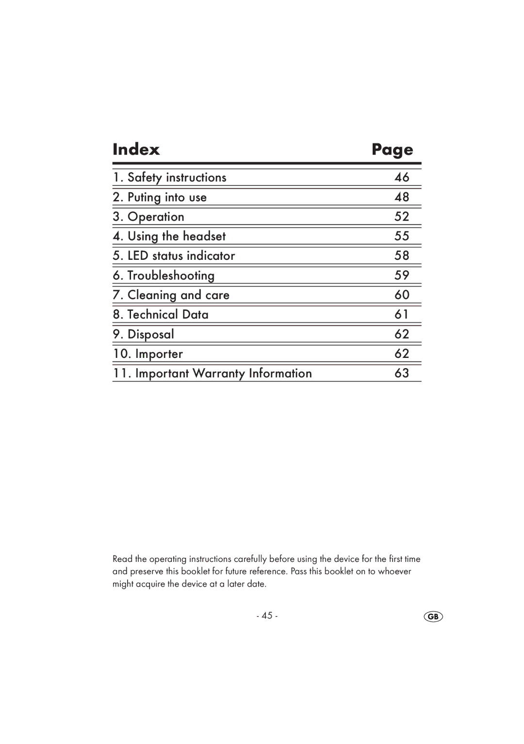 Kompernass KH 2356 manual Index 