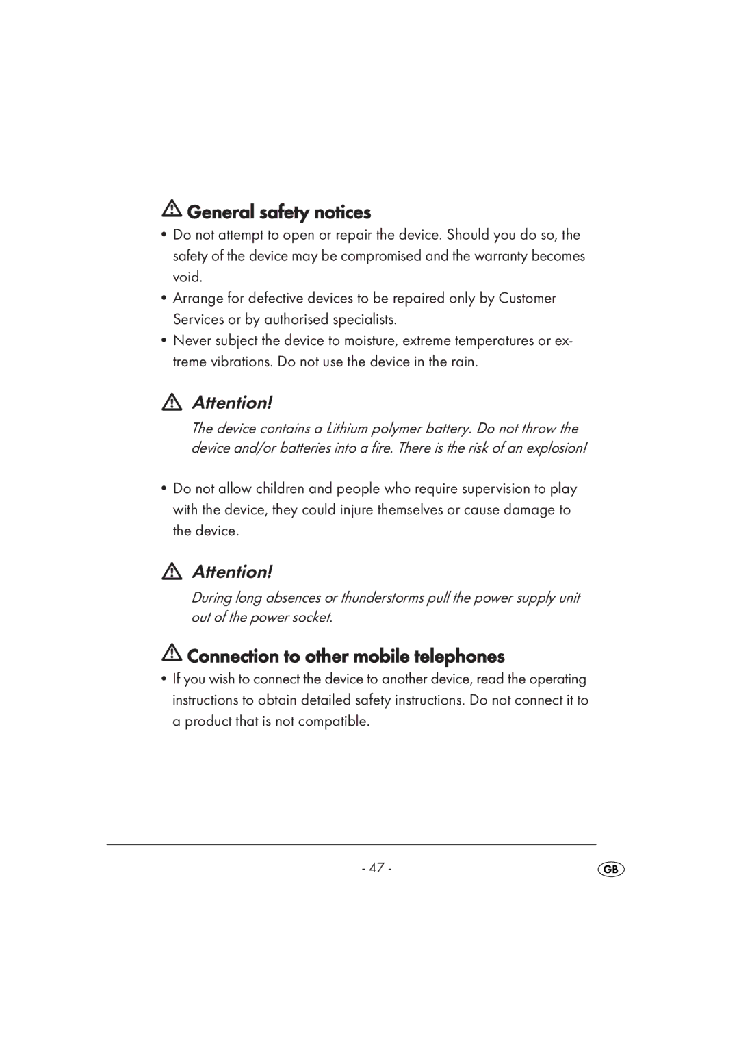 Kompernass KH 2356 manual General safety notices, Connection to other mobile telephones 