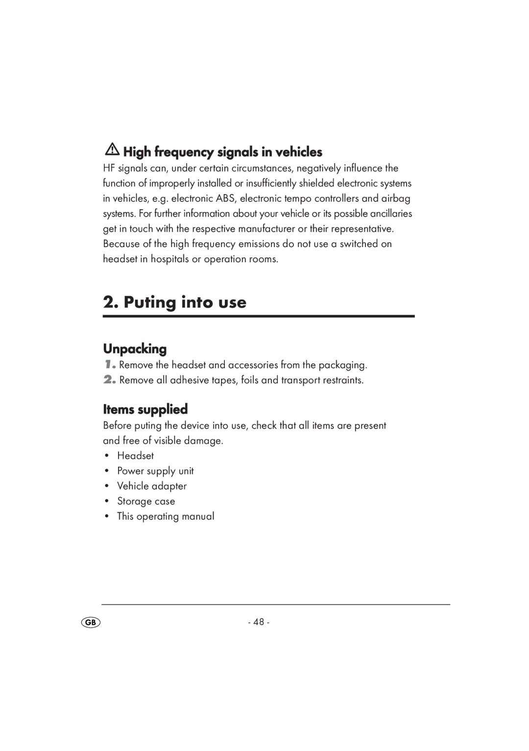 Kompernass KH 2356 manual Puting into use, High frequency signals in vehicles, Unpacking, Items supplied 