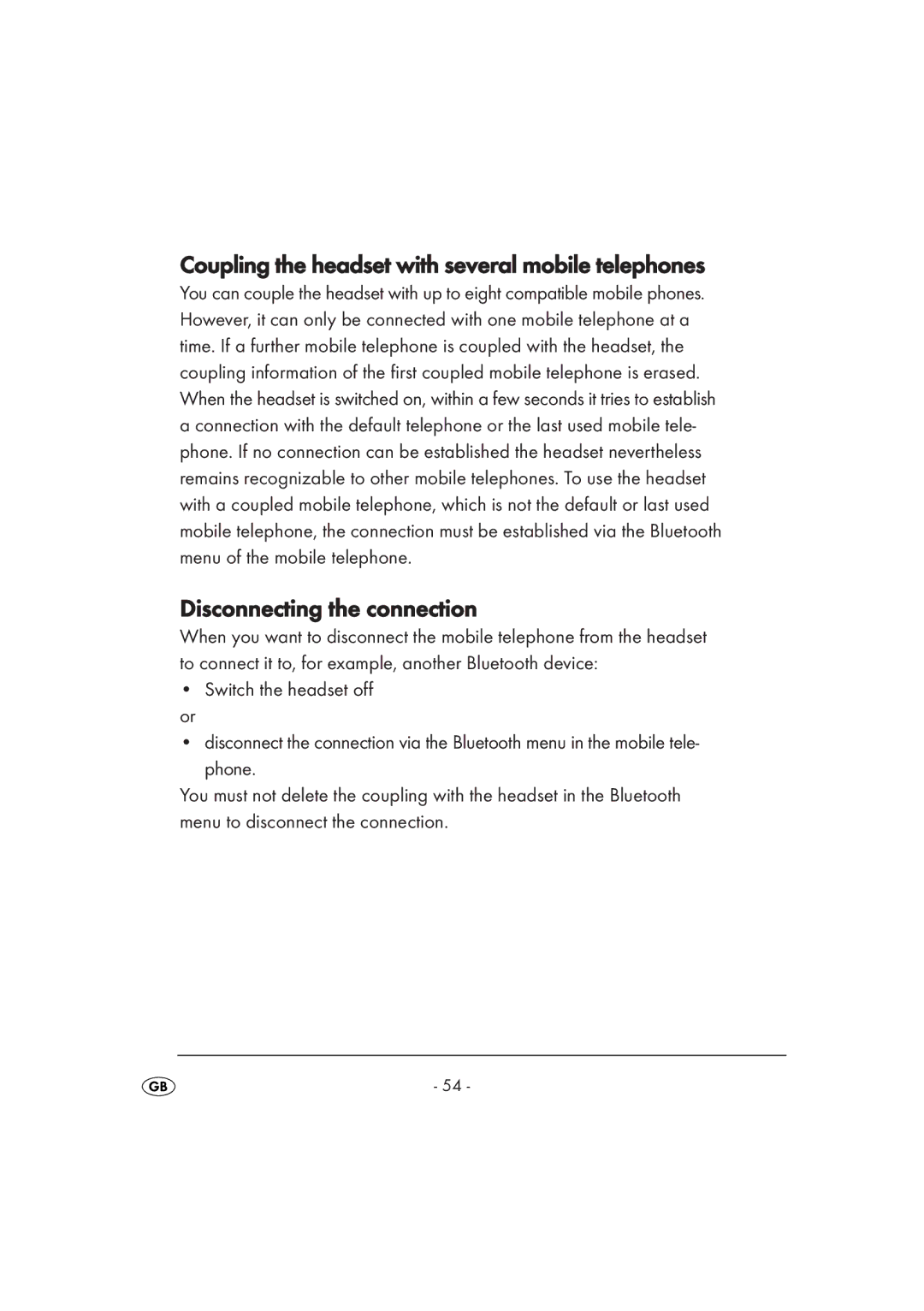 Kompernass KH 2356 manual Coupling the headset with several mobile telephones, Disconnecting the connection 