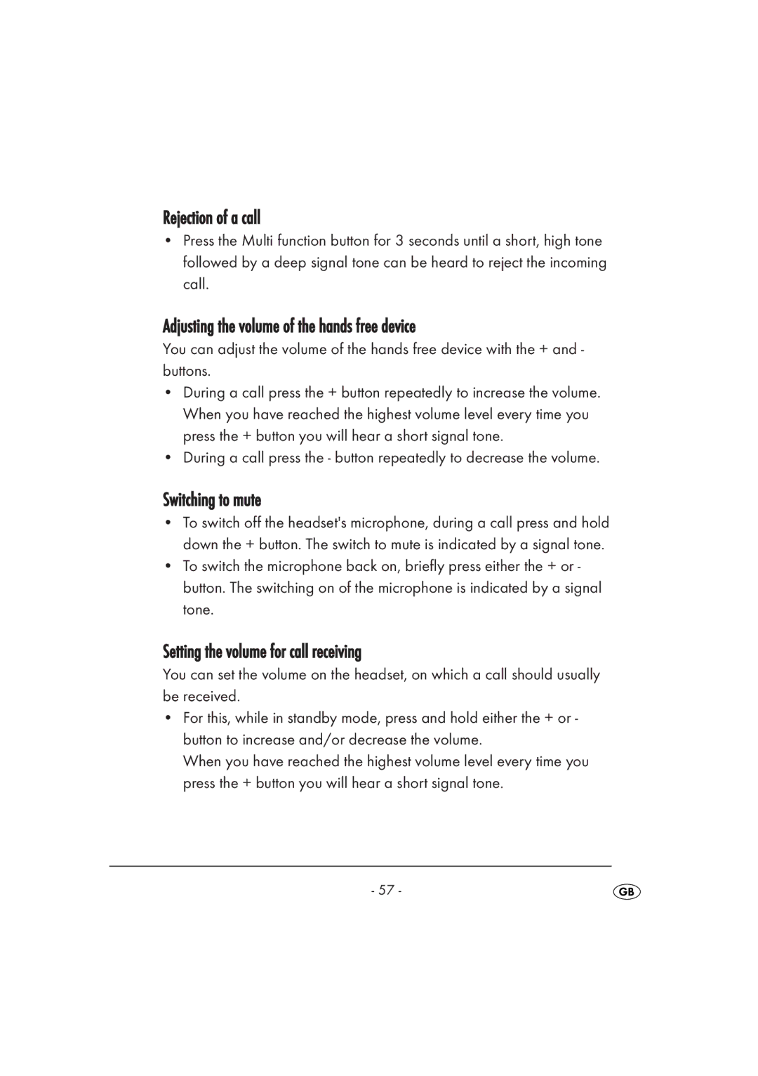 Kompernass KH 2356 manual Rejection of a call, Adjusting the volume of the hands free device, Switching to mute 