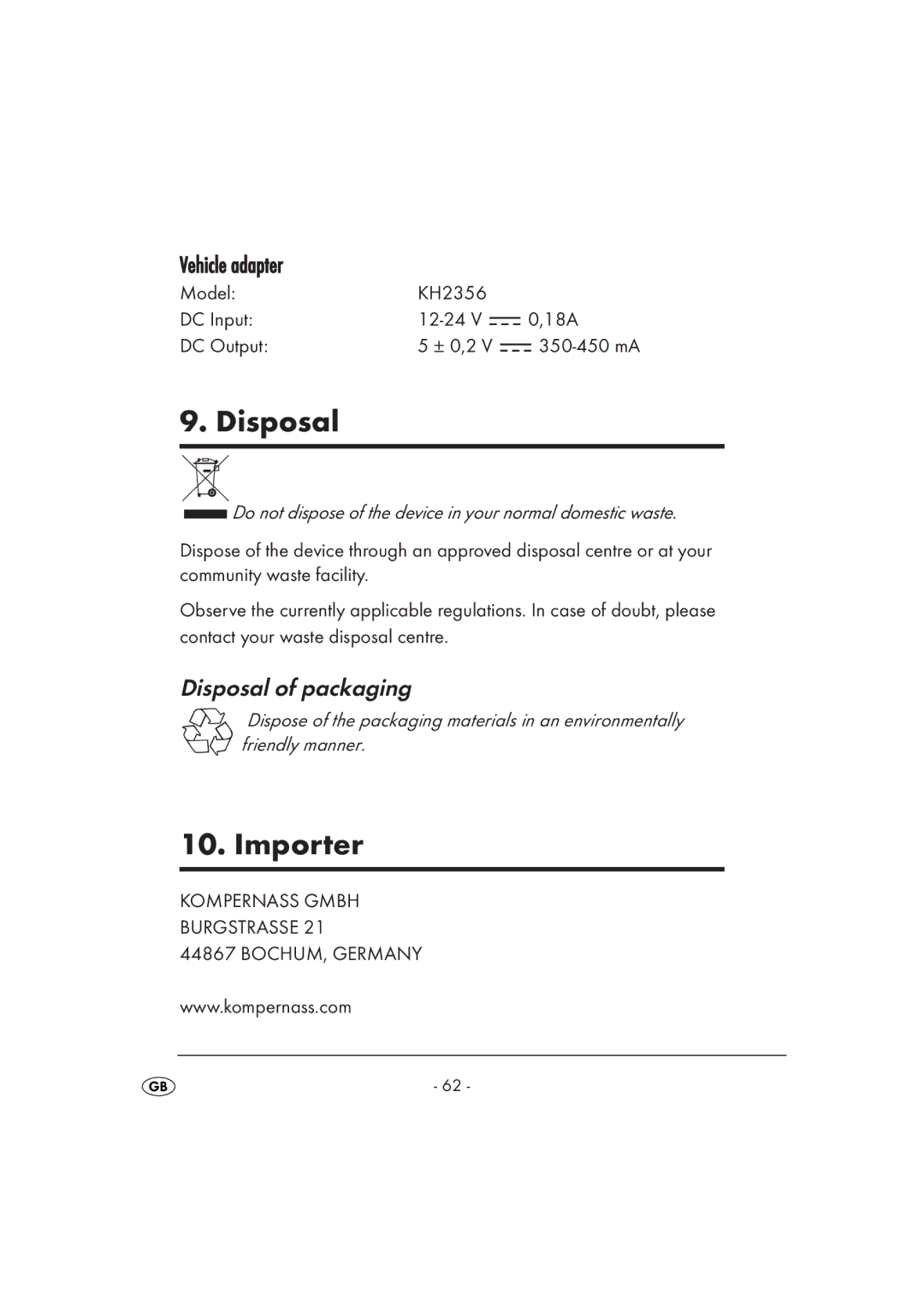 Kompernass KH 2356 manual Importer, Disposal of packaging, Model KH2356 DC Input 12-24 18A DC Output ± 0,2 