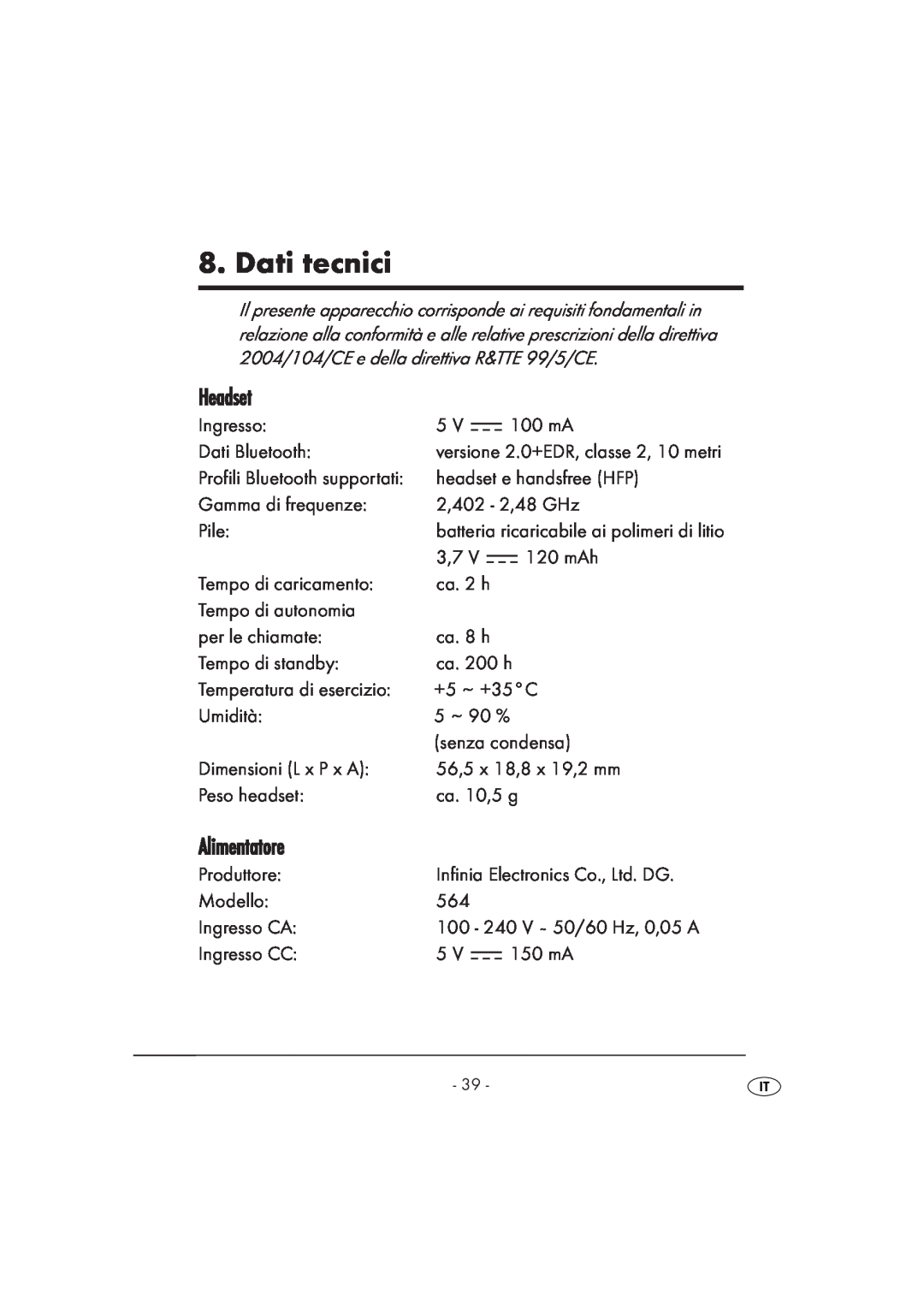 Kompernass KH 2356 manual Dati tecnici, Headset, Alimentatore 