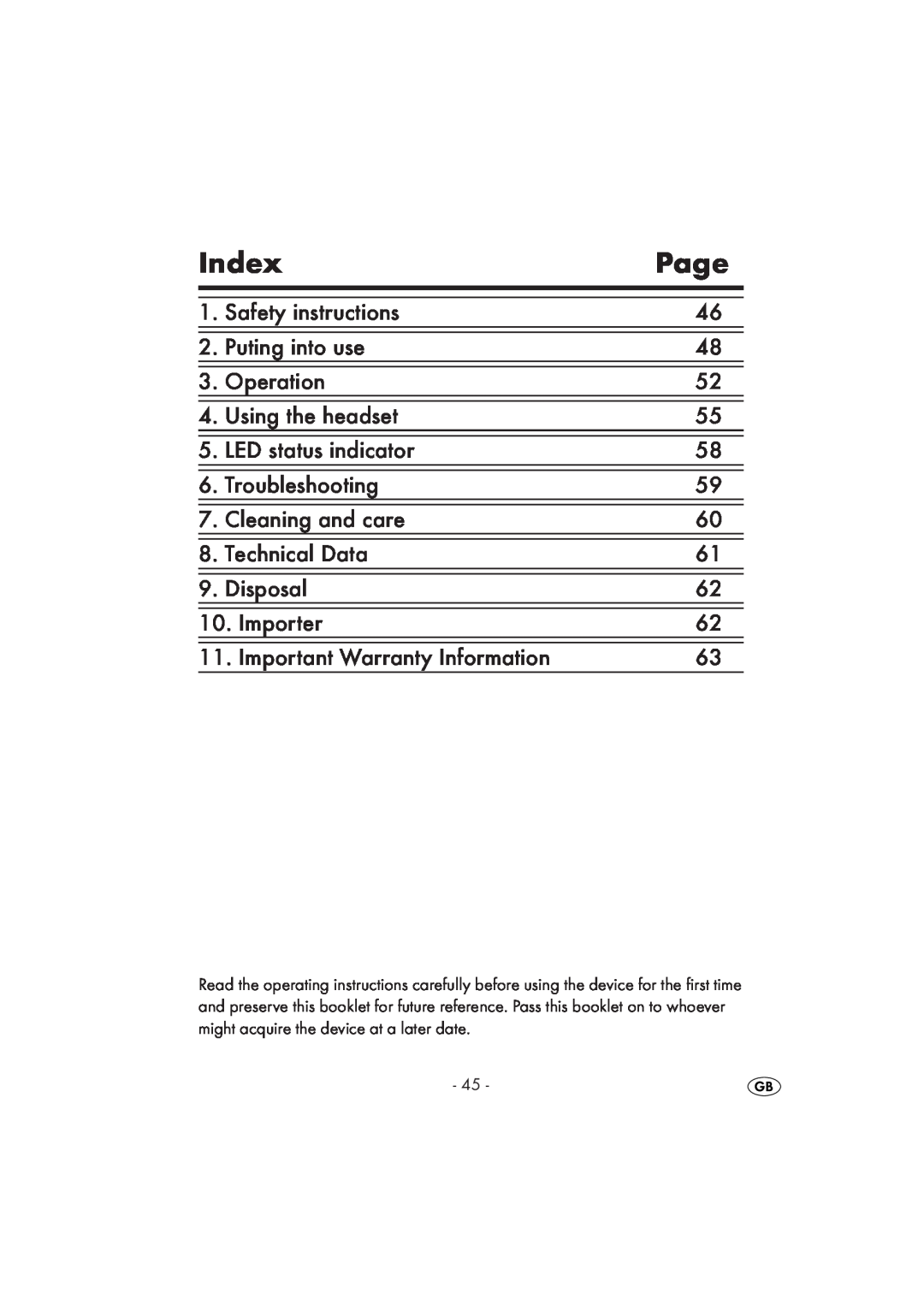 Kompernass KH 2356 manual Index, Page 