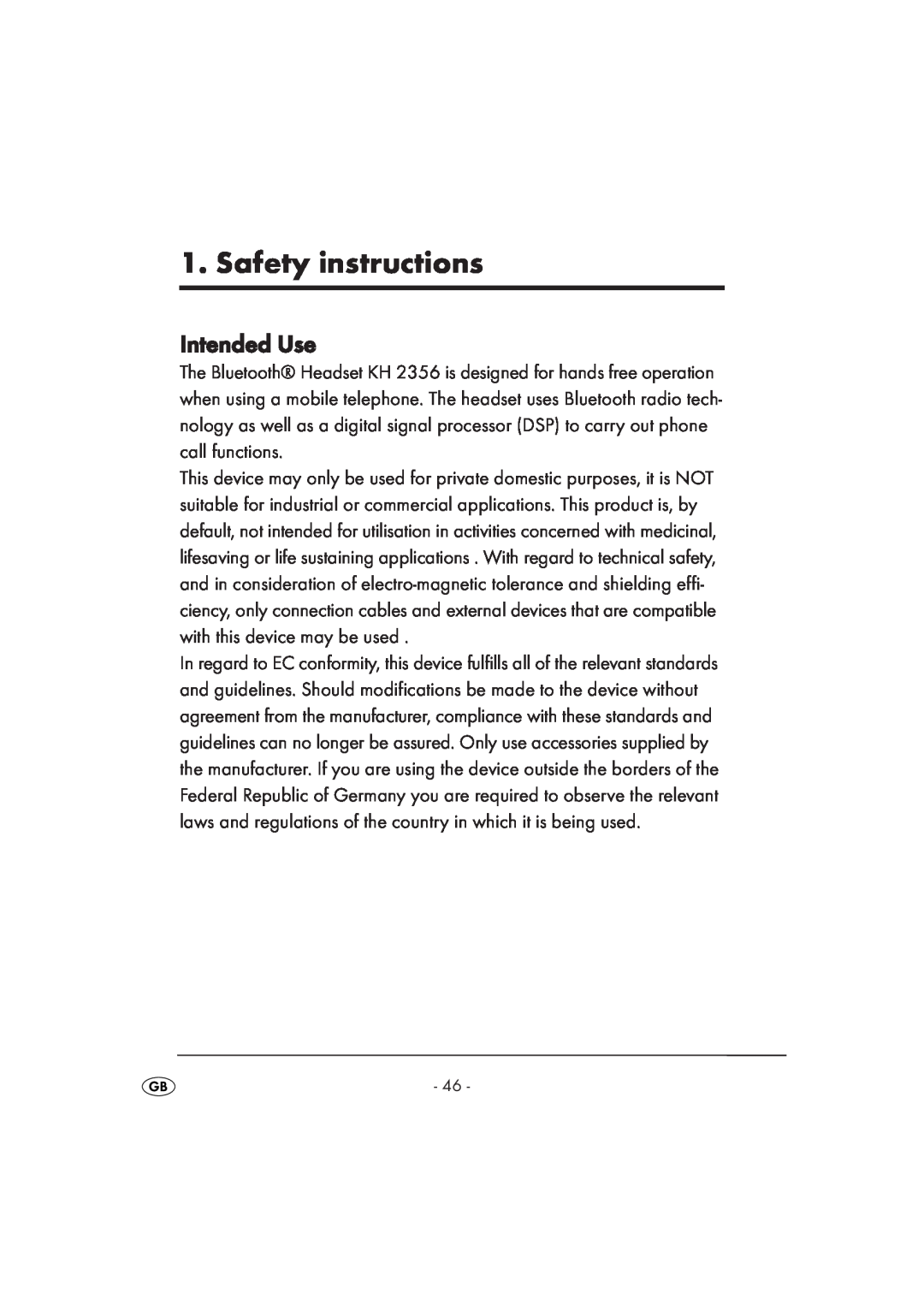 Kompernass KH 2356 manual Safety instructions, Intended Use 