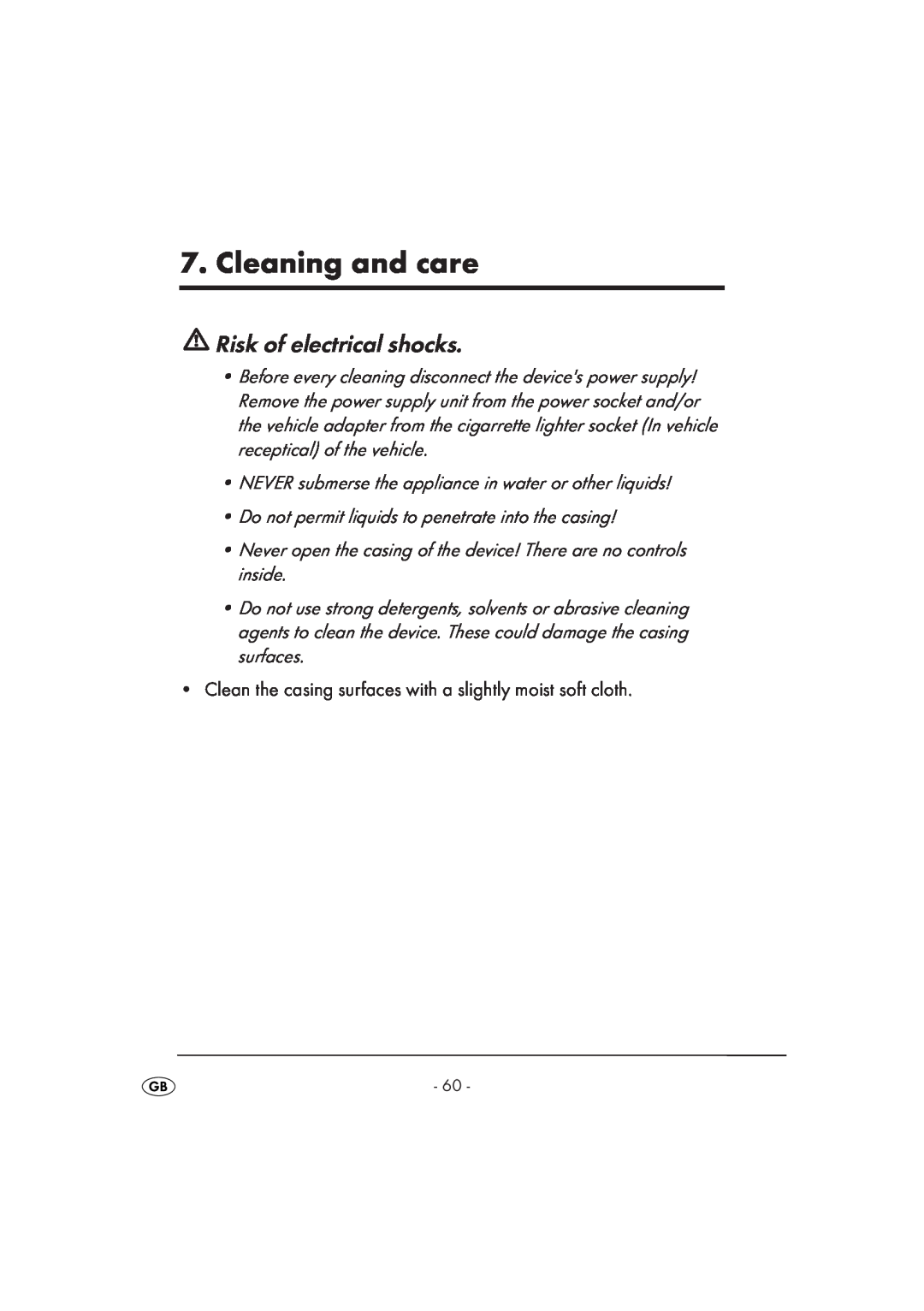 Kompernass KH 2356 manual Cleaning and care, Risk of electrical shocks 