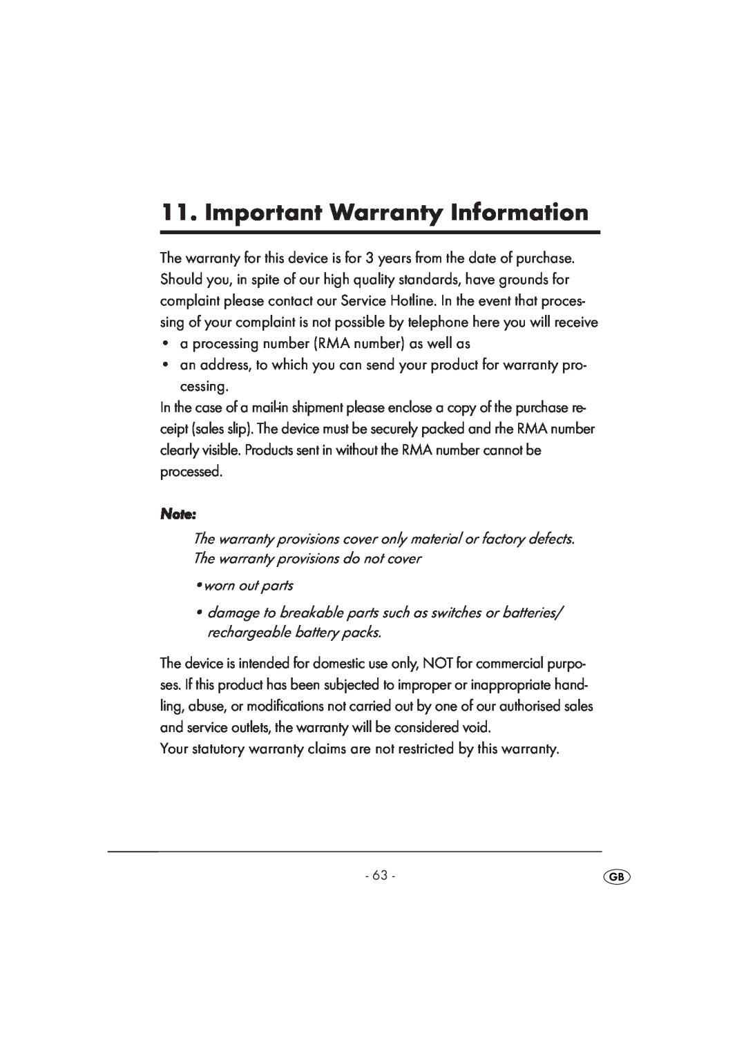 Kompernass KH 2356 manual Important Warranty Information, a processing number RMA number as well as 