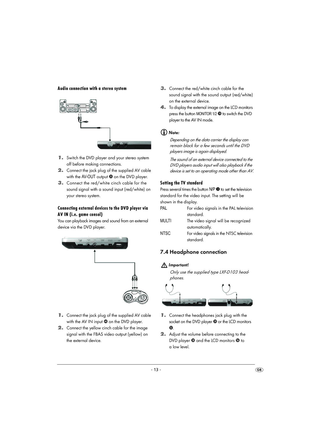 Kompernass KH 2360 instruction manual Headphone connection, Audio connection with a stereo system, Setting the TV standard 