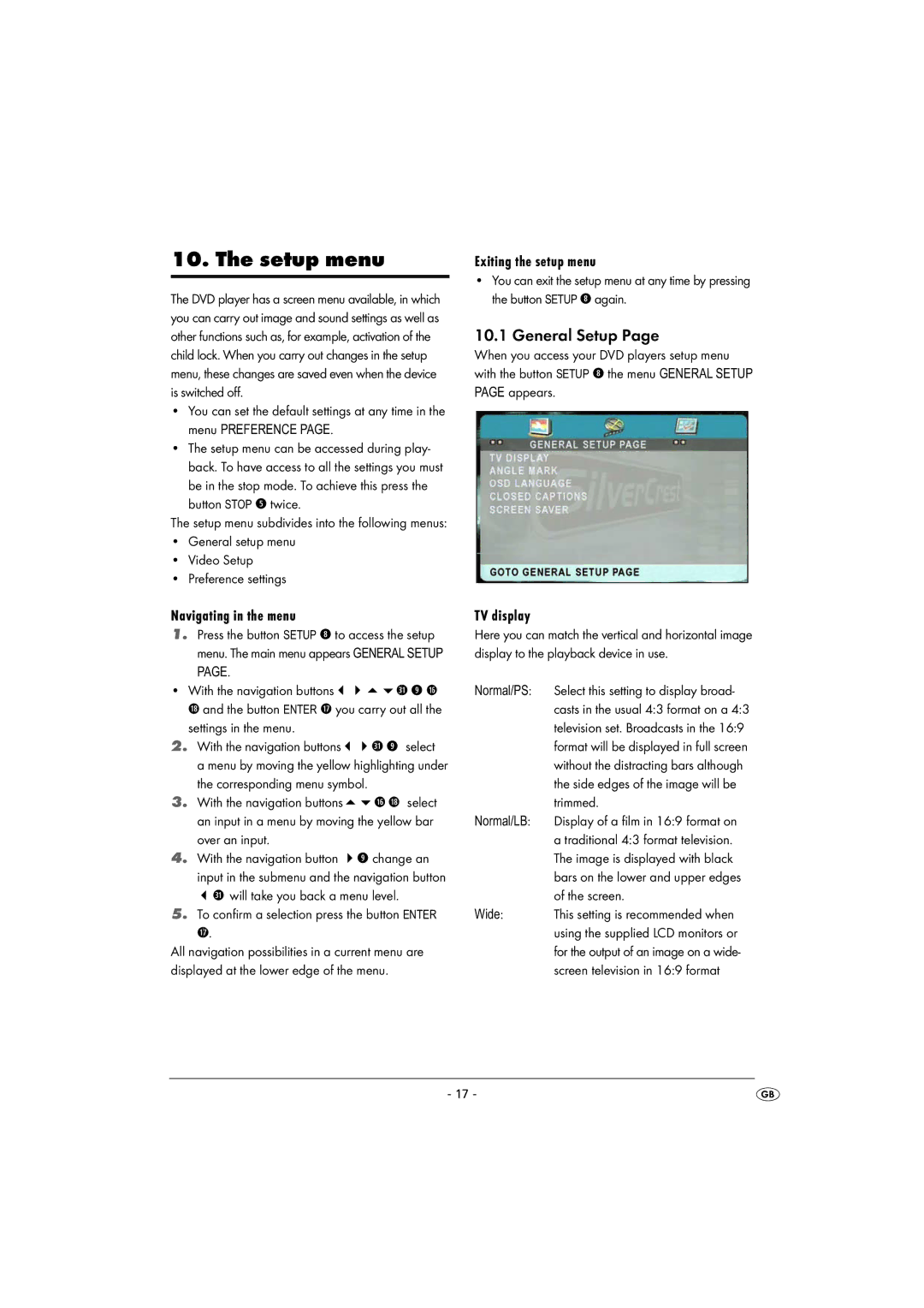 Kompernass KH 2360 instruction manual Setup menu, General Setup, Exiting the setup menu, Navigating in the menu, TV display 