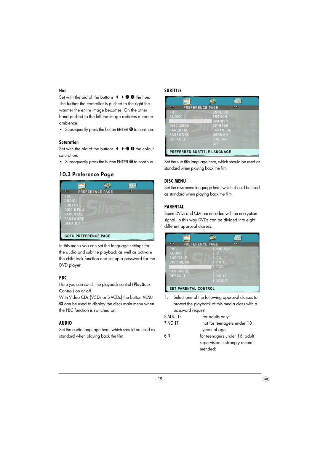 Kompernass KH 2360 instruction manual Preference, Hue, Adult 