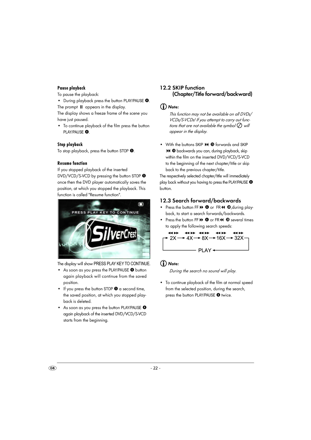 Kompernass KH 2360 Skip function Chapter/Title forward/backward, Search forward/backwards, Pause playback, Stop playback 