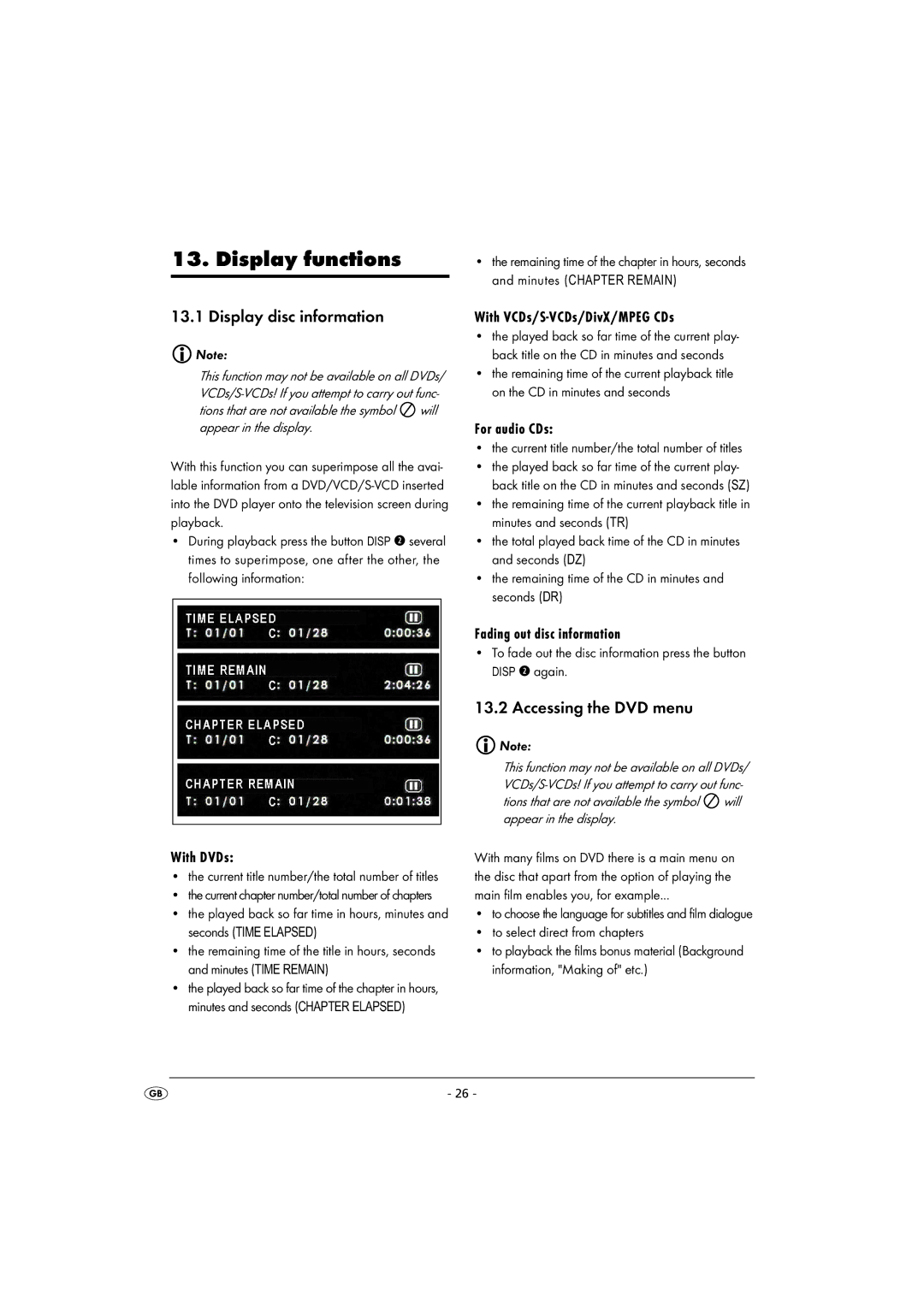 Kompernass KH 2360 instruction manual Display functions, Display disc information, Accessing the DVD menu 