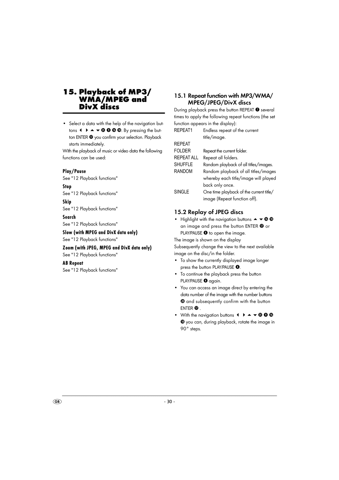 Kompernass KH 2360 instruction manual Playback of MP3/ WMA/MPEG and DivX discs, Replay of Jpeg discs 