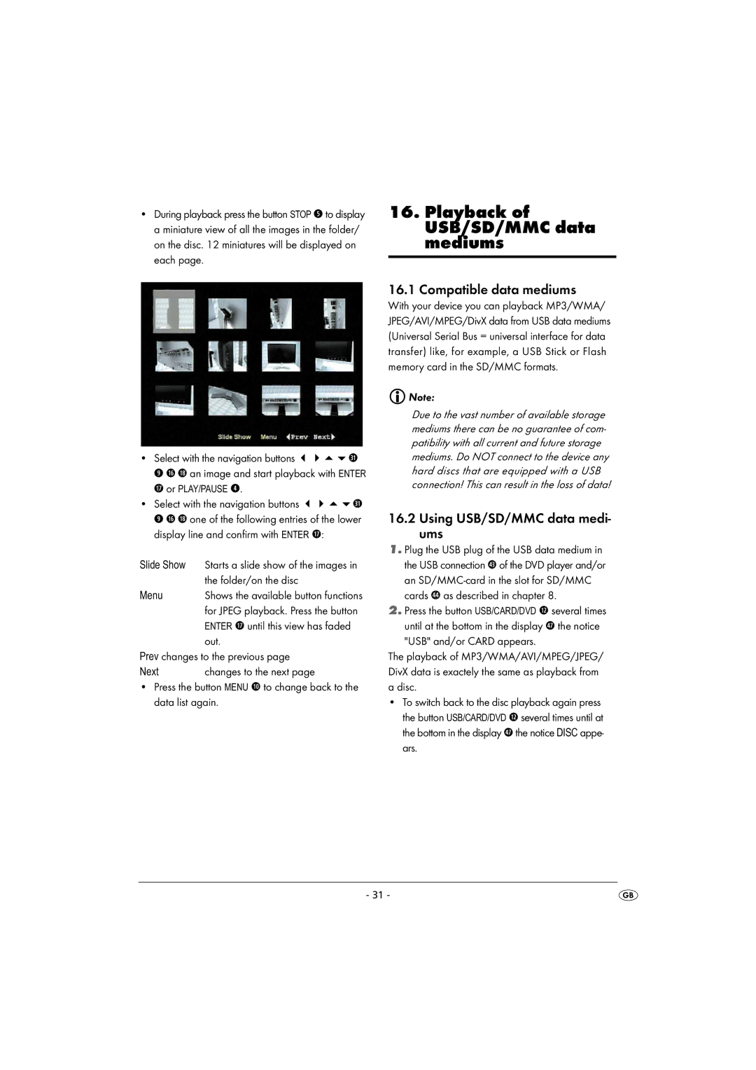 Kompernass KH 2360 Playback of USB/SD/MMC data mediums, Compatible data mediums, Using USB/SD/MMC data medi- ums 