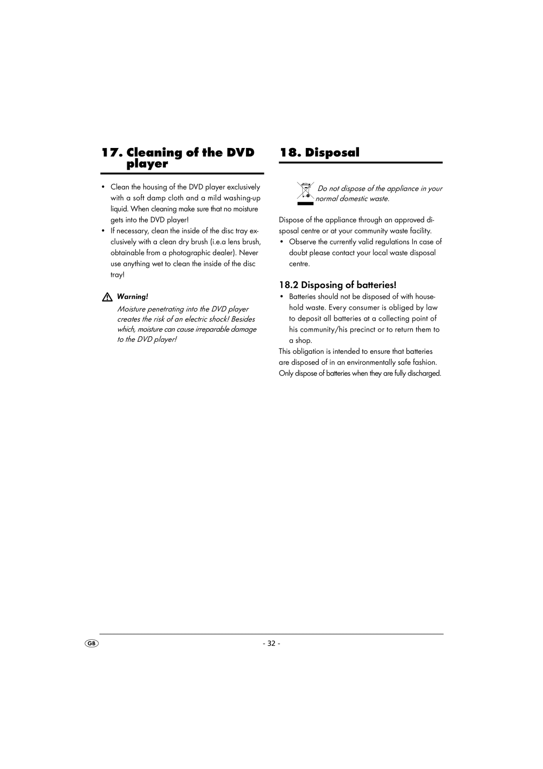 Kompernass KH 2360 instruction manual Cleaning of the DVD player, Disposal, Disposing of batteries 