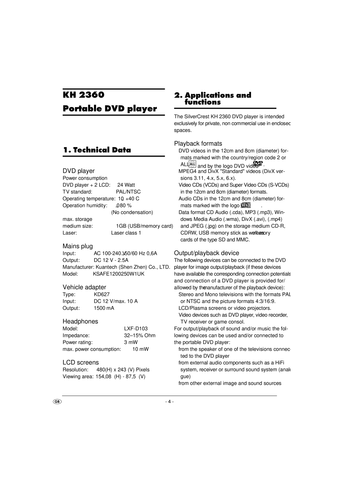 Kompernass KH 2360 instruction manual Applications and functions, Technical Data 