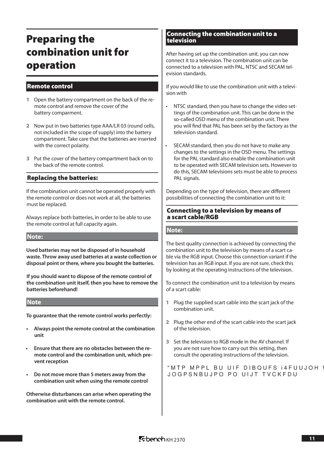 Kompernass KH 2370 Preparing the combination unit for operation, Remote control, Replacing the batteries 
