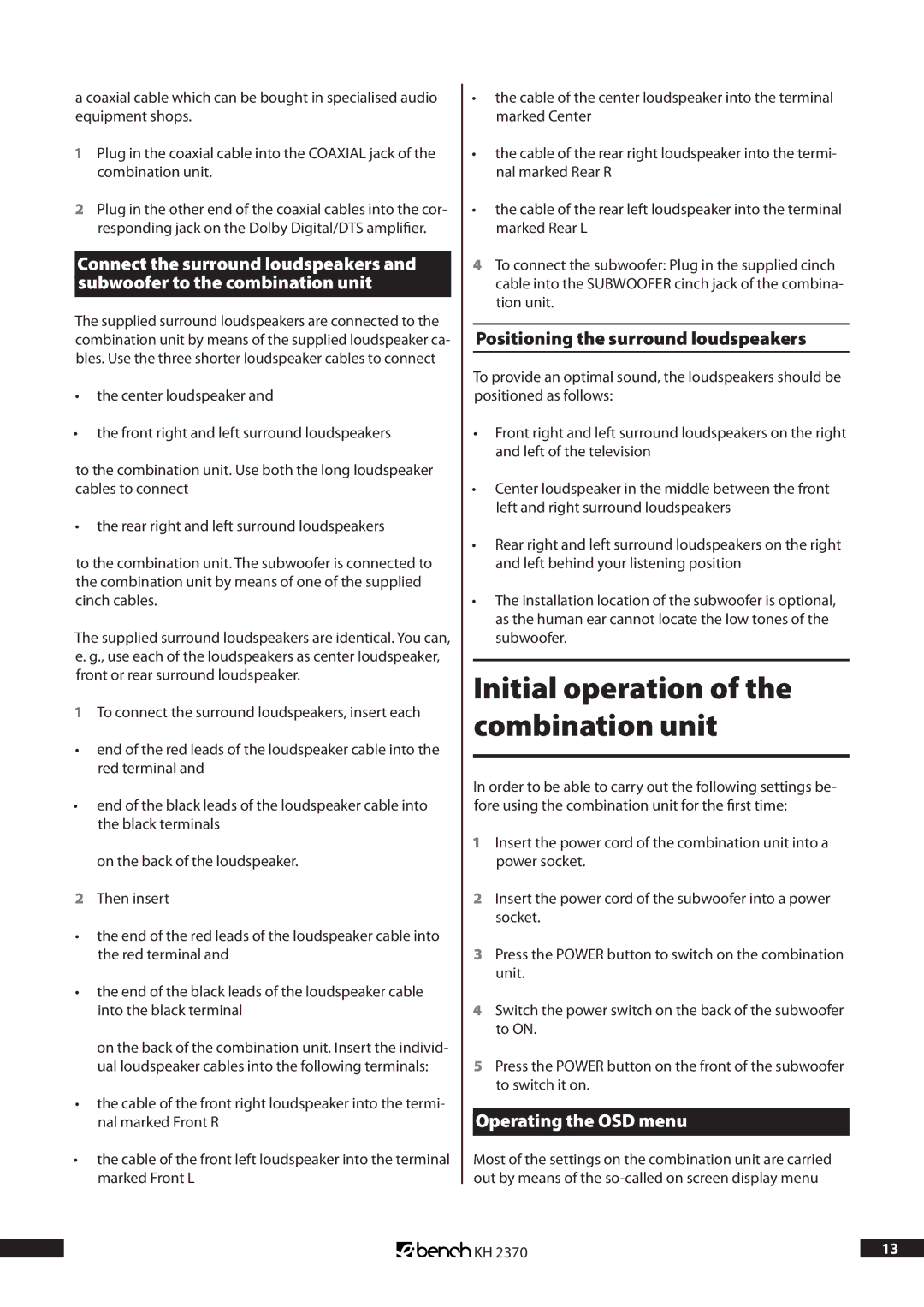 Kompernass KH 2370 operating instructions Initial operation of the combination unit, Positioning the surround loudspeakers 