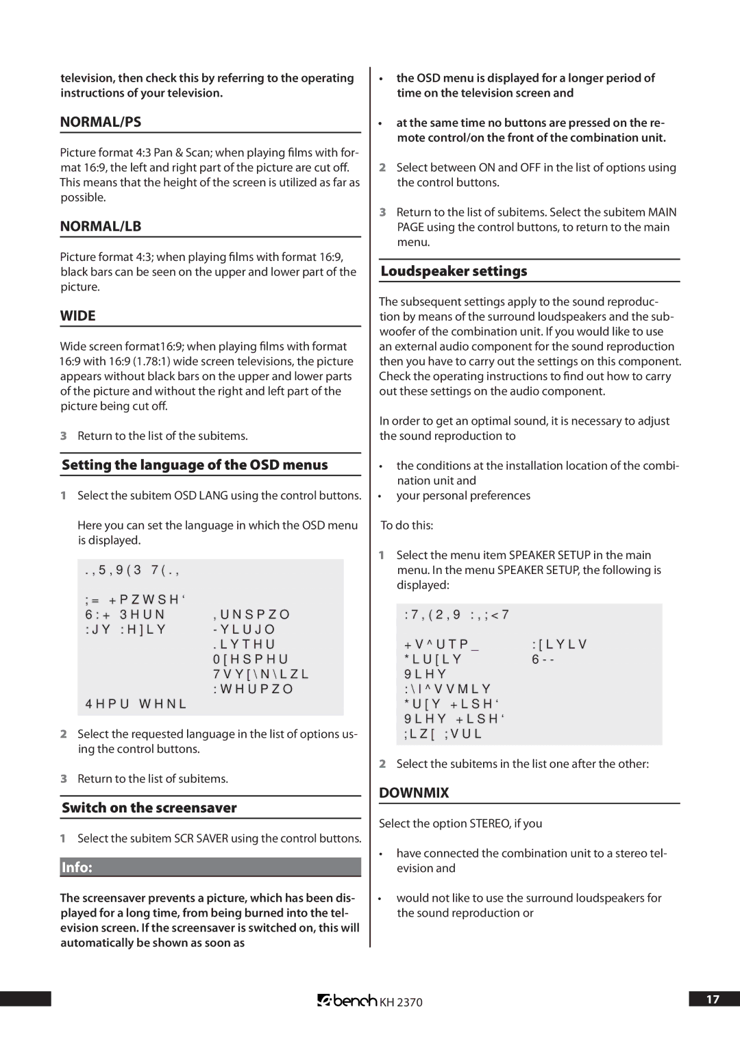 Kompernass KH 2370 operating instructions Normal/Ps, Normal/Lb, Wide, Info, Downmix 