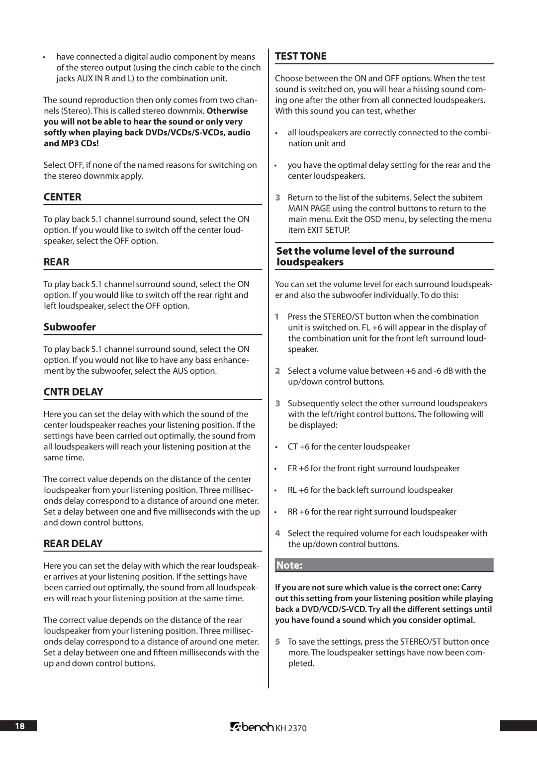 Kompernass KH 2370 operating instructions Center, Cntr Delay, Rear Delay, Test Tone 