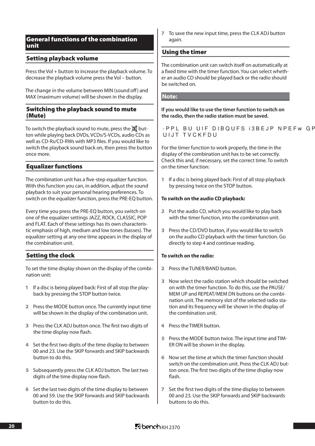 Kompernass KH 2370 operating instructions General functions of the combination unit 