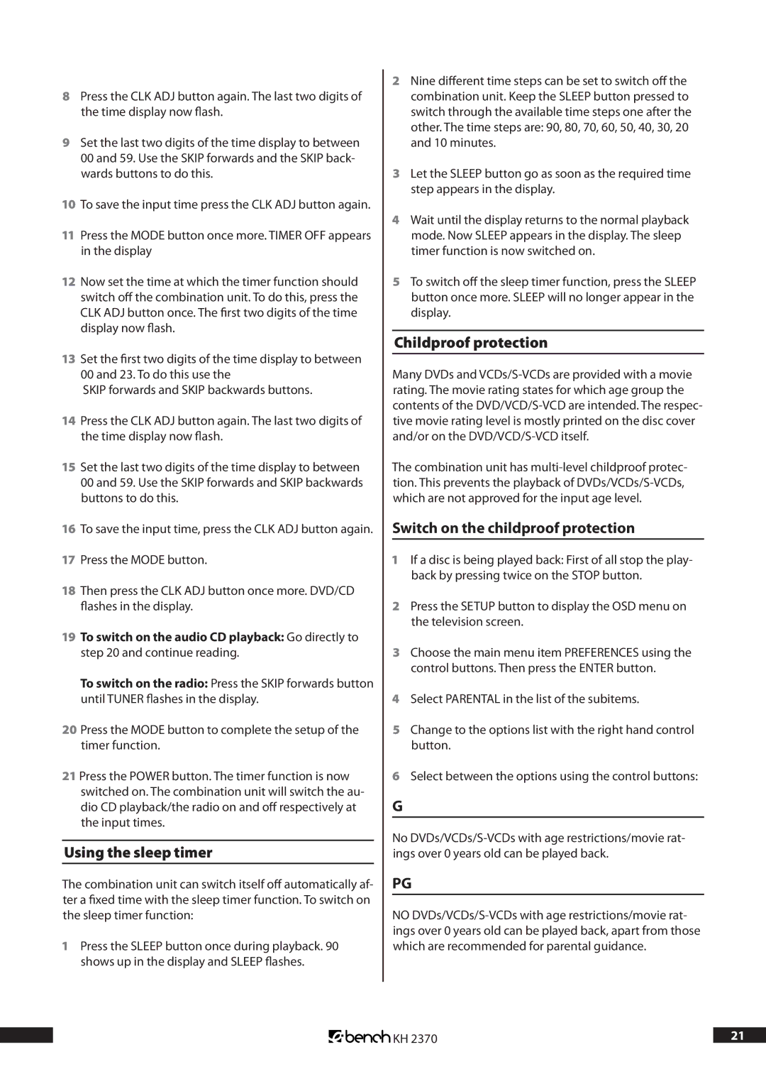 Kompernass KH 2370 operating instructions Using the sleep timer, Childproof protection, Switch on the childproof protection 